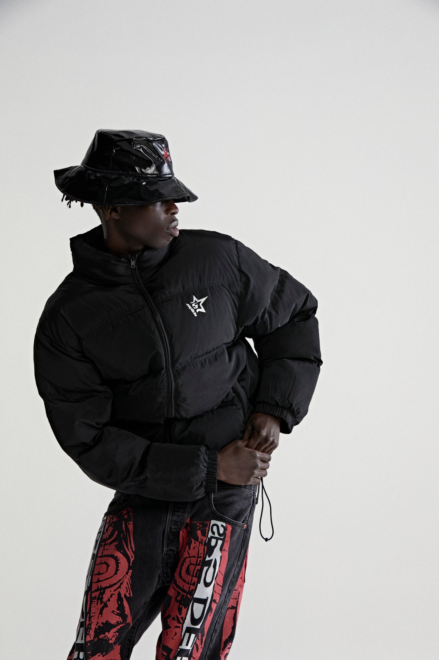 BLACK 5STAR PUFFER JACKET ON MODEL
