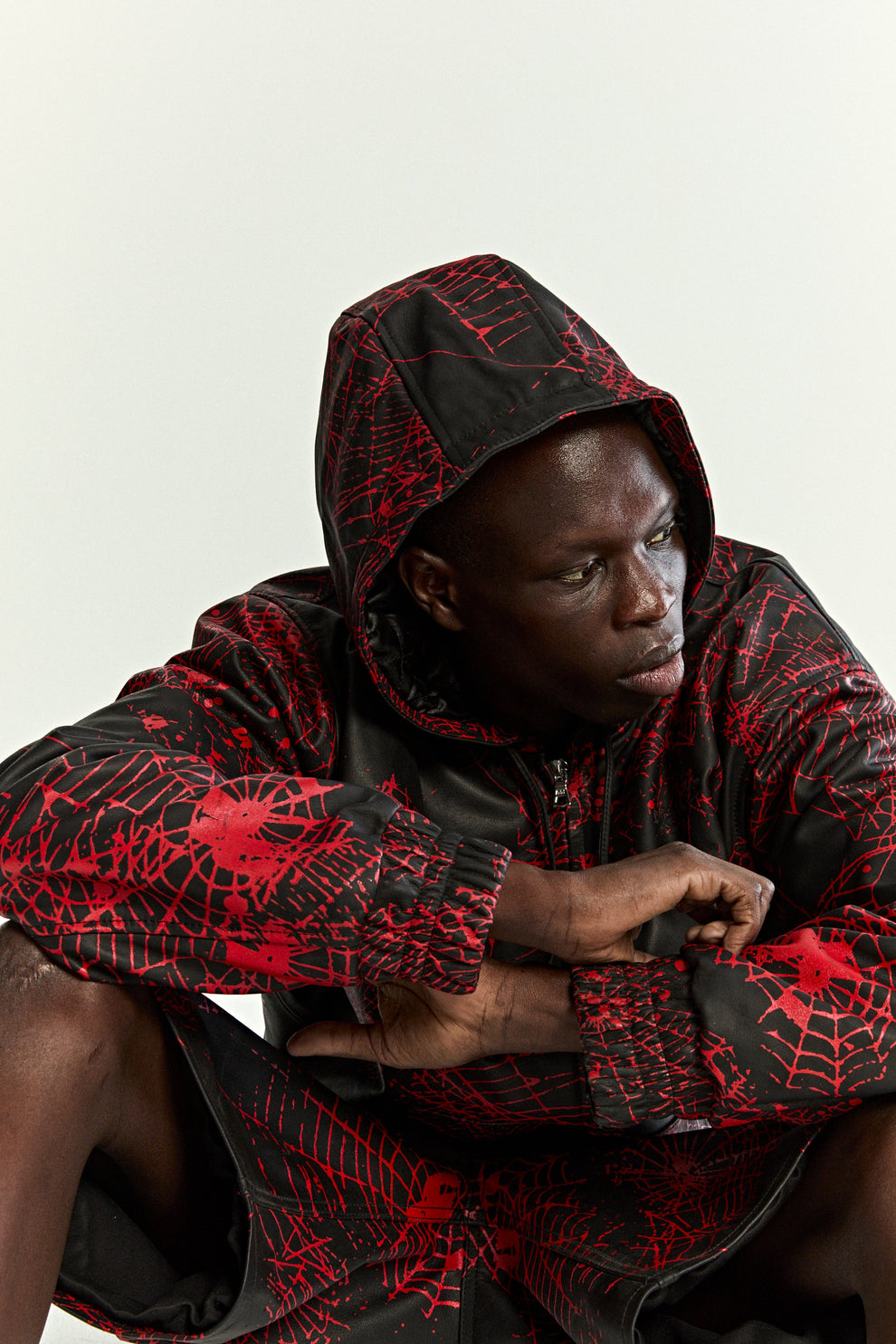 BLACK V2 WEB LEATHER JACKET ON MODEL