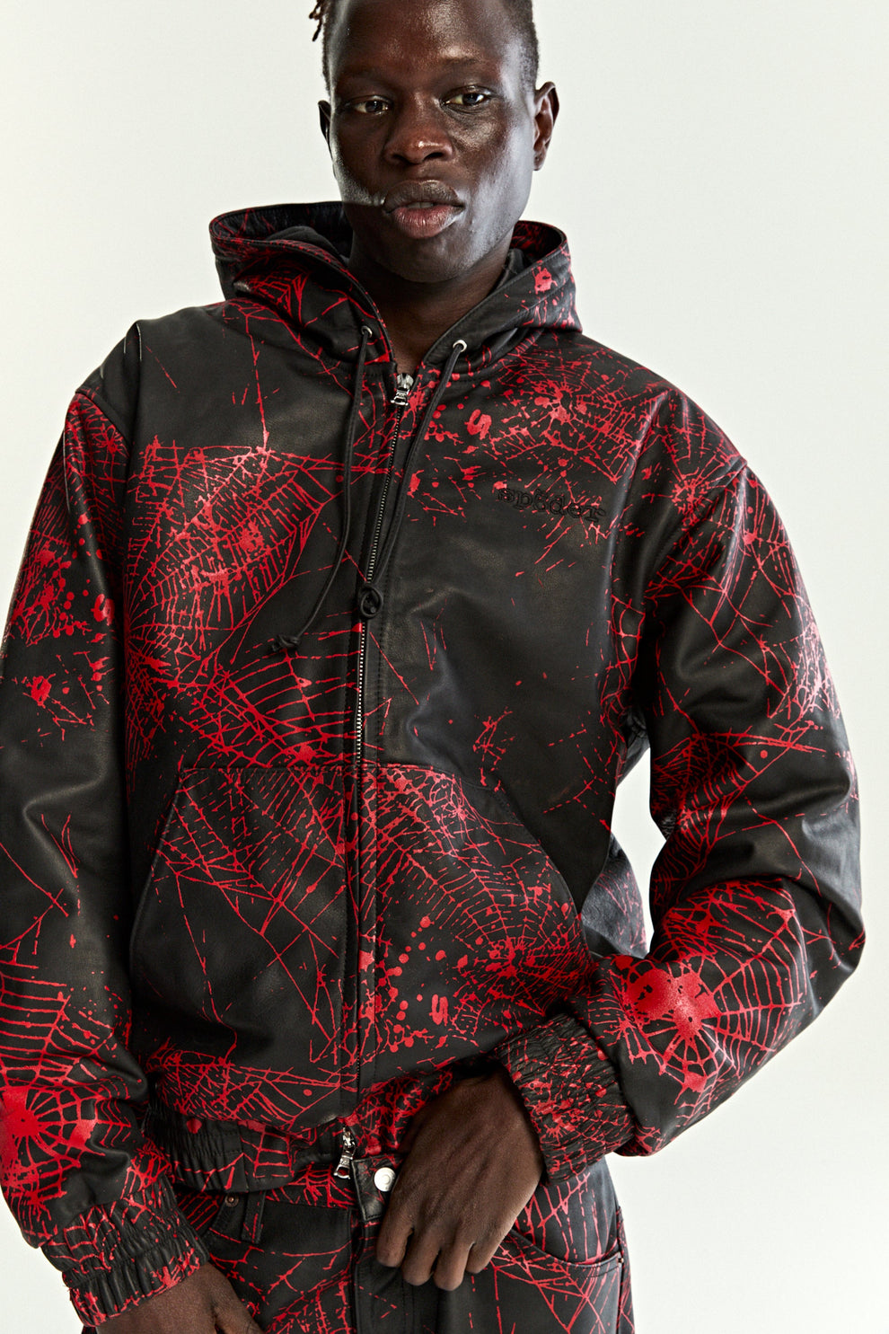 BLACK V2 WEB LEATHER JACKET ON MODEL