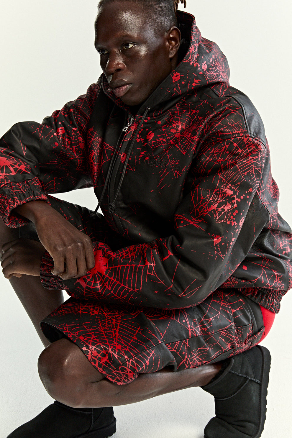 BLACK V2 WEB LEATHER JACKET ON MODEL