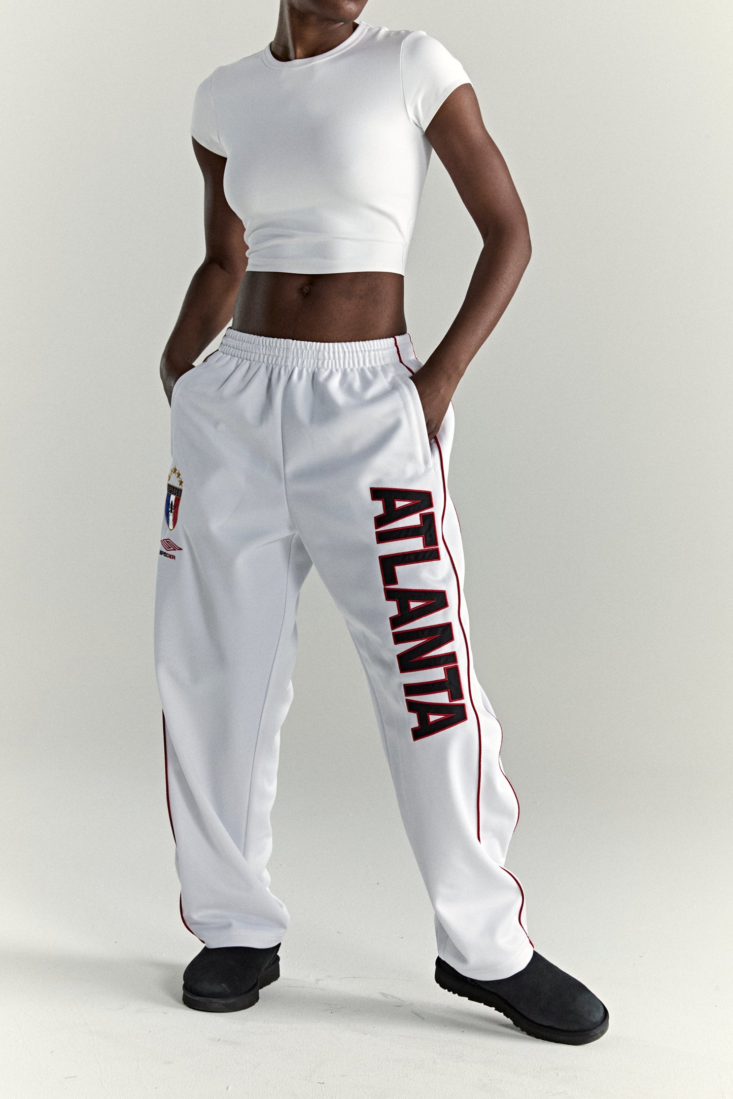 WHITE ATLANTA TRACK PANT ON MODEL