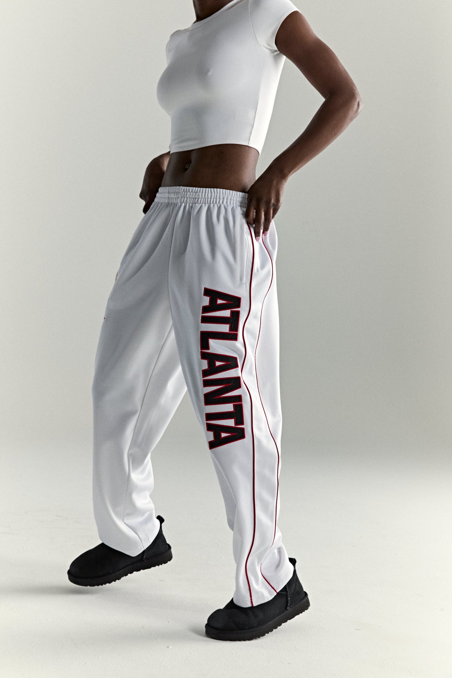 WHITE ATLANTA TRACK PANT ON MODEL
