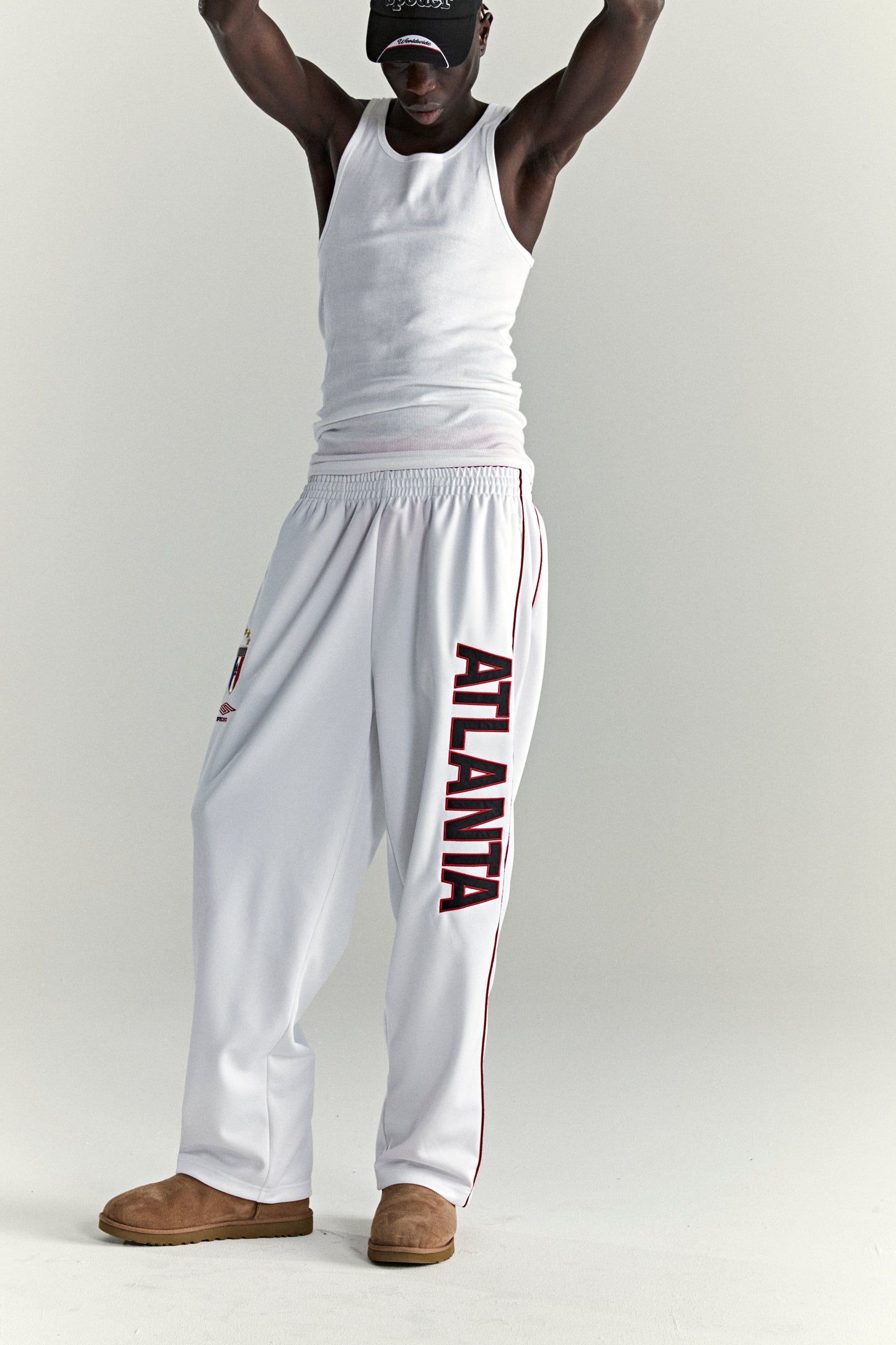 WHITE ATLANTA TRACK PANT ON MODEL
