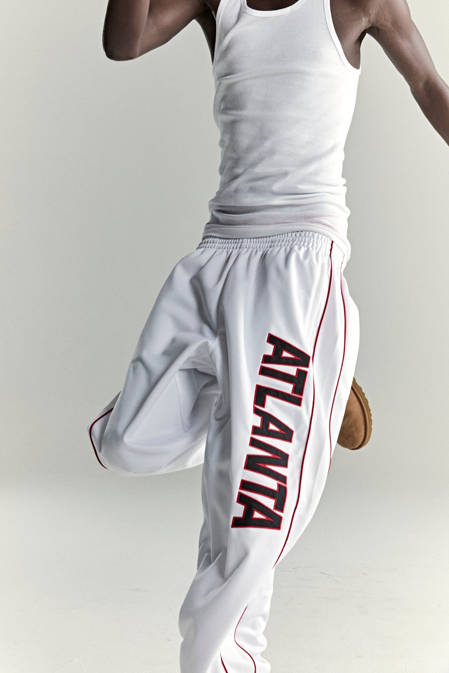 WHITE ATLANTA TRACK PANT ON MODEL
