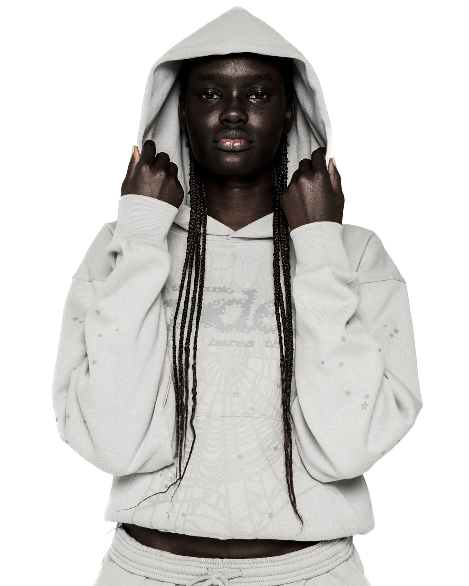 Gray TONAL PUNK V2 HOODIE with P*NK SP5DER motif, web, and scattered stars.