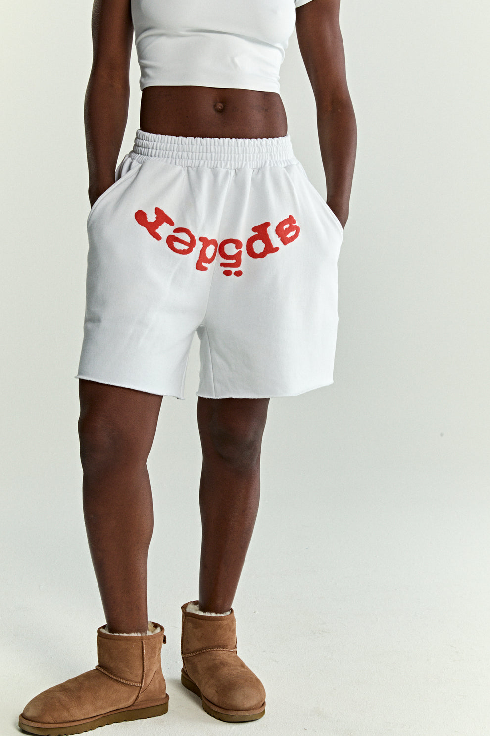 WHITE OG WEB V2 SWEATSHORT ON MODEL