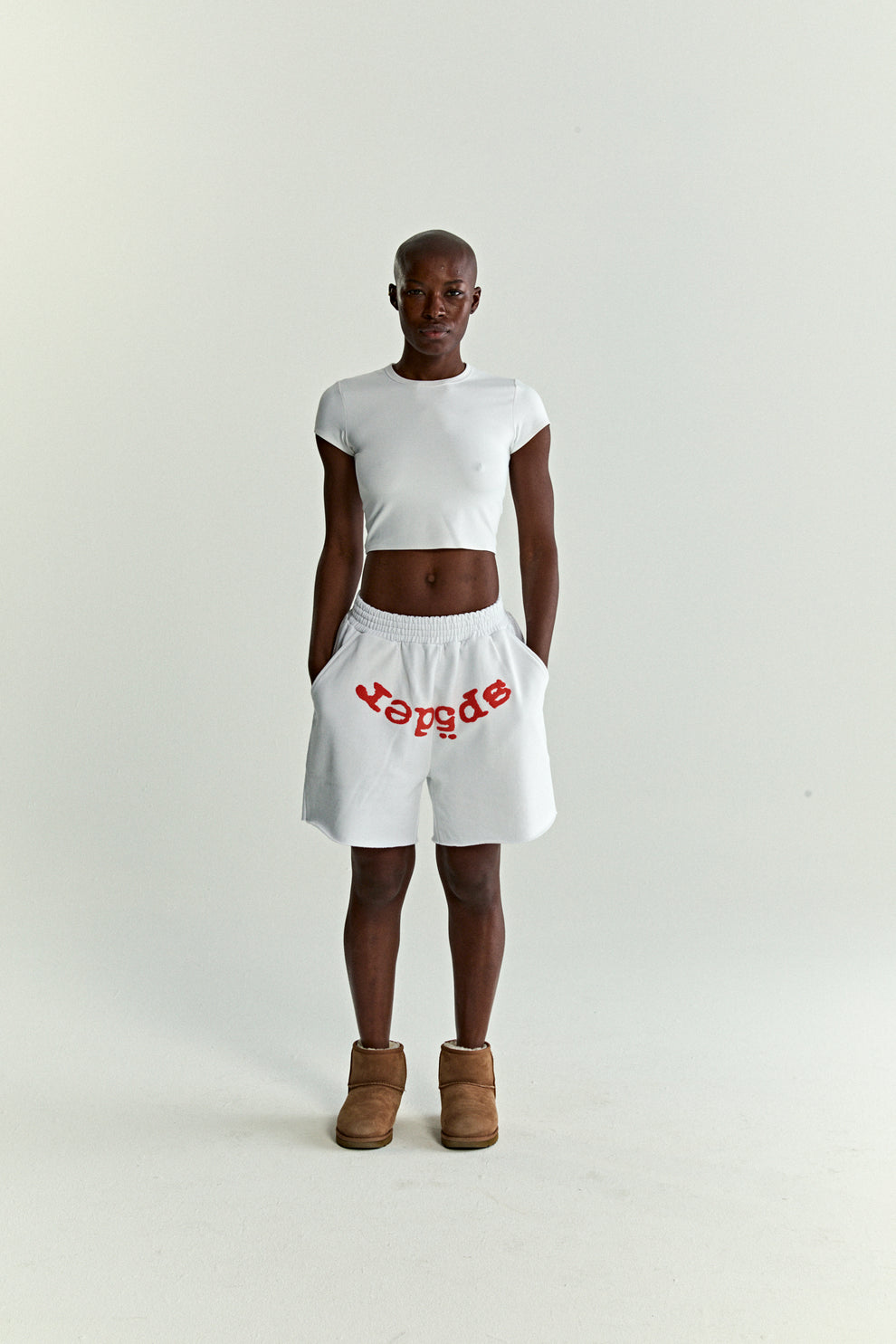 WHITE OG WEB V2 SWEATSHORT ON MODEL