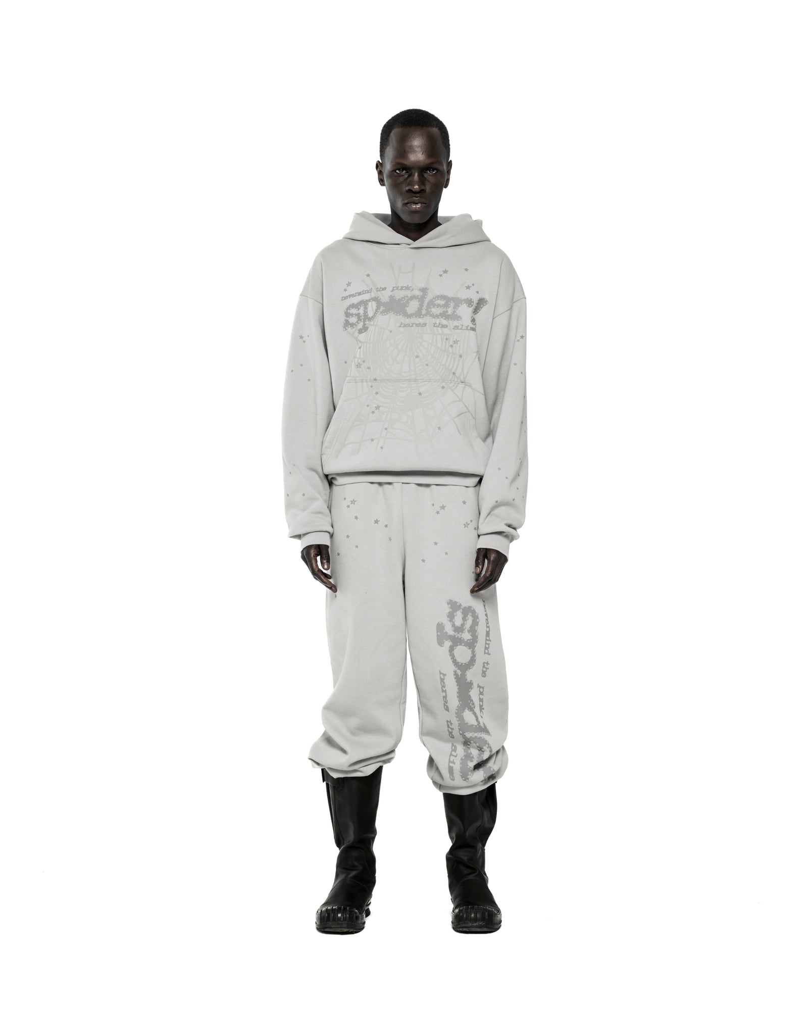 Light gray cotton fleece hoodie with "sp5der" text, web, and scattered stars.
