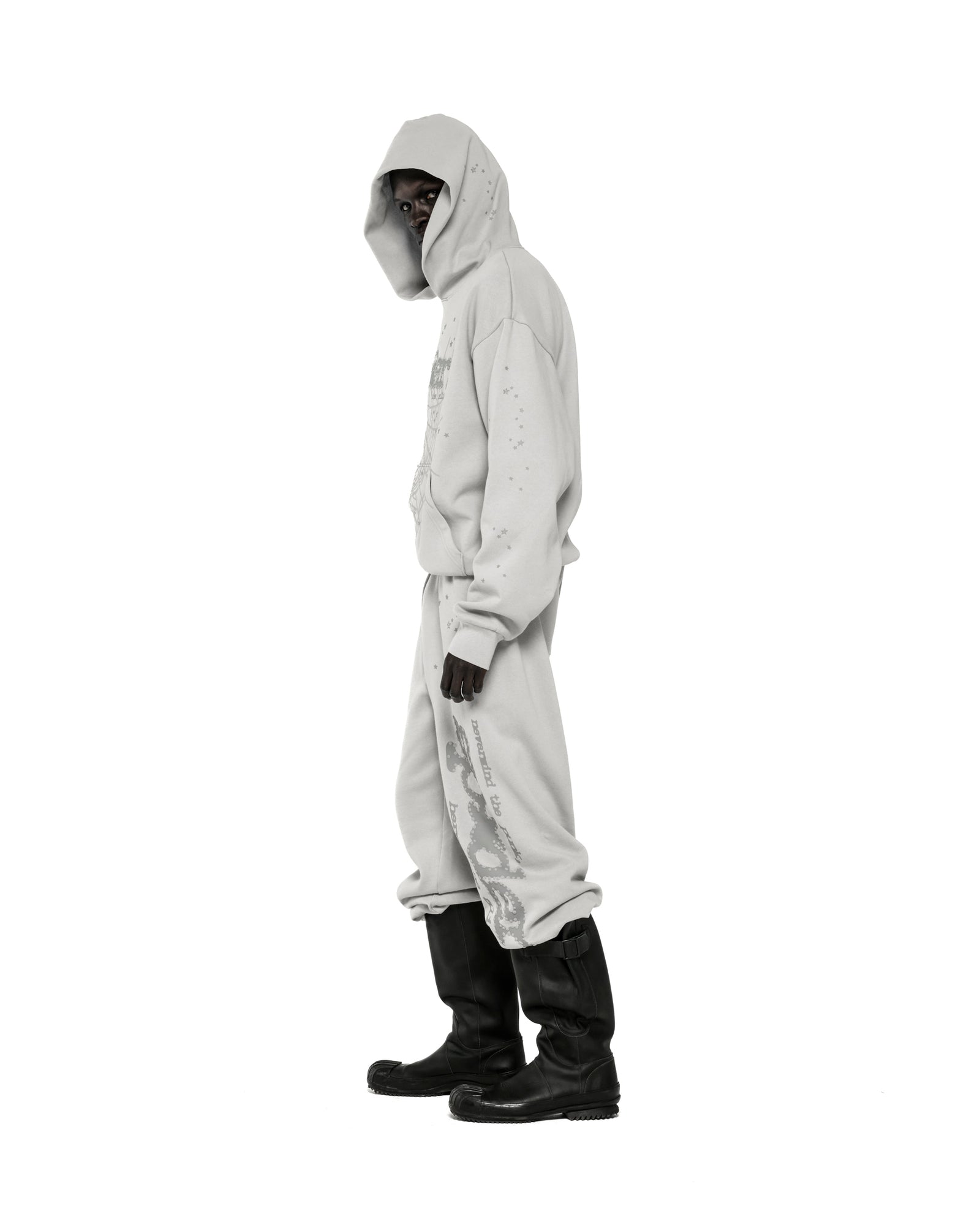 Light gray cotton fleece TONAL PUNK V2 hoodie and sweatpants with puff print web and scattered stars.