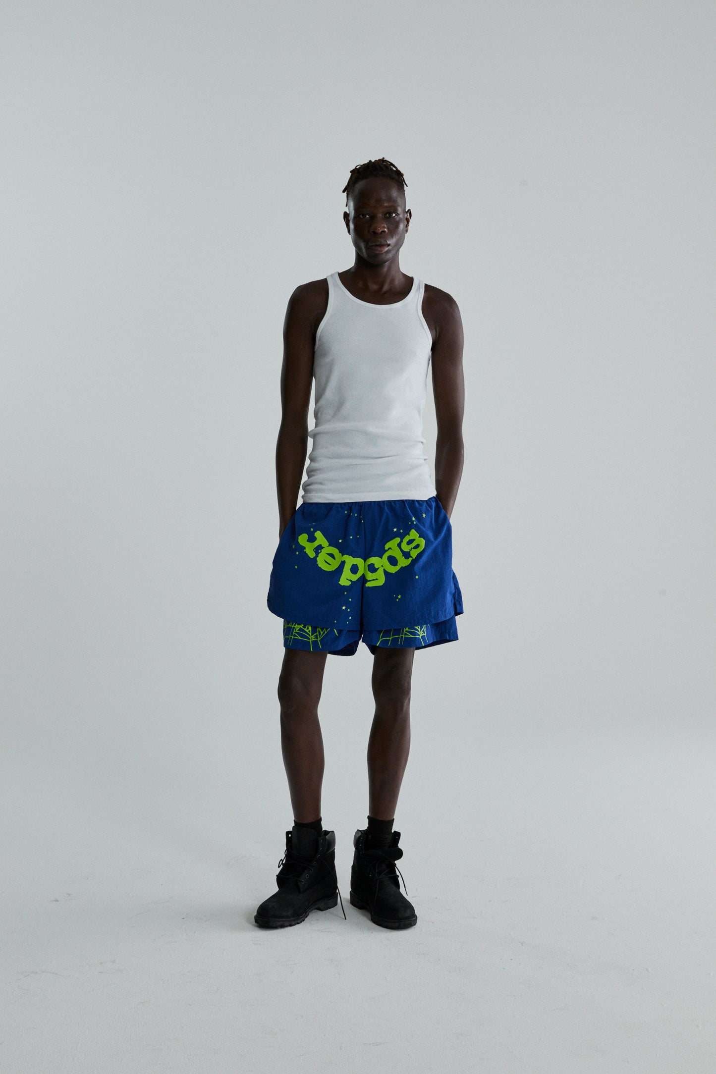 BLUE OG WEB DOUBLE LAYER SHORTS ON MODEL