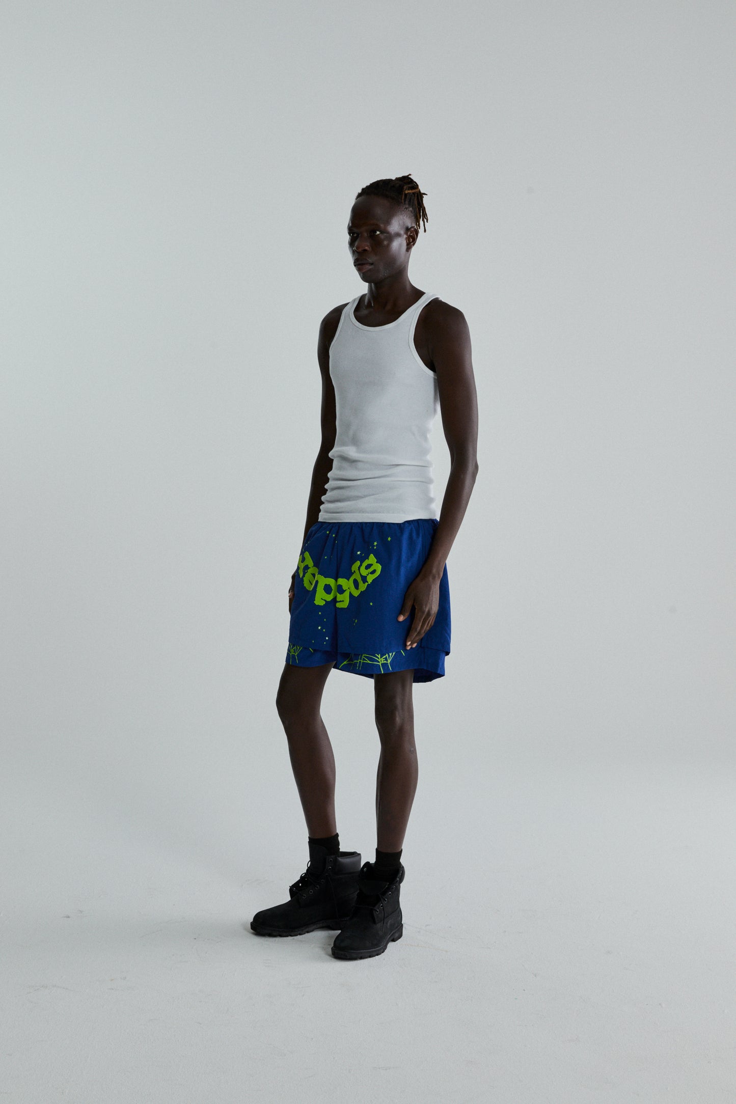 BLUE OG WEB DOUBLE LAYER SHORTS ON MODEL