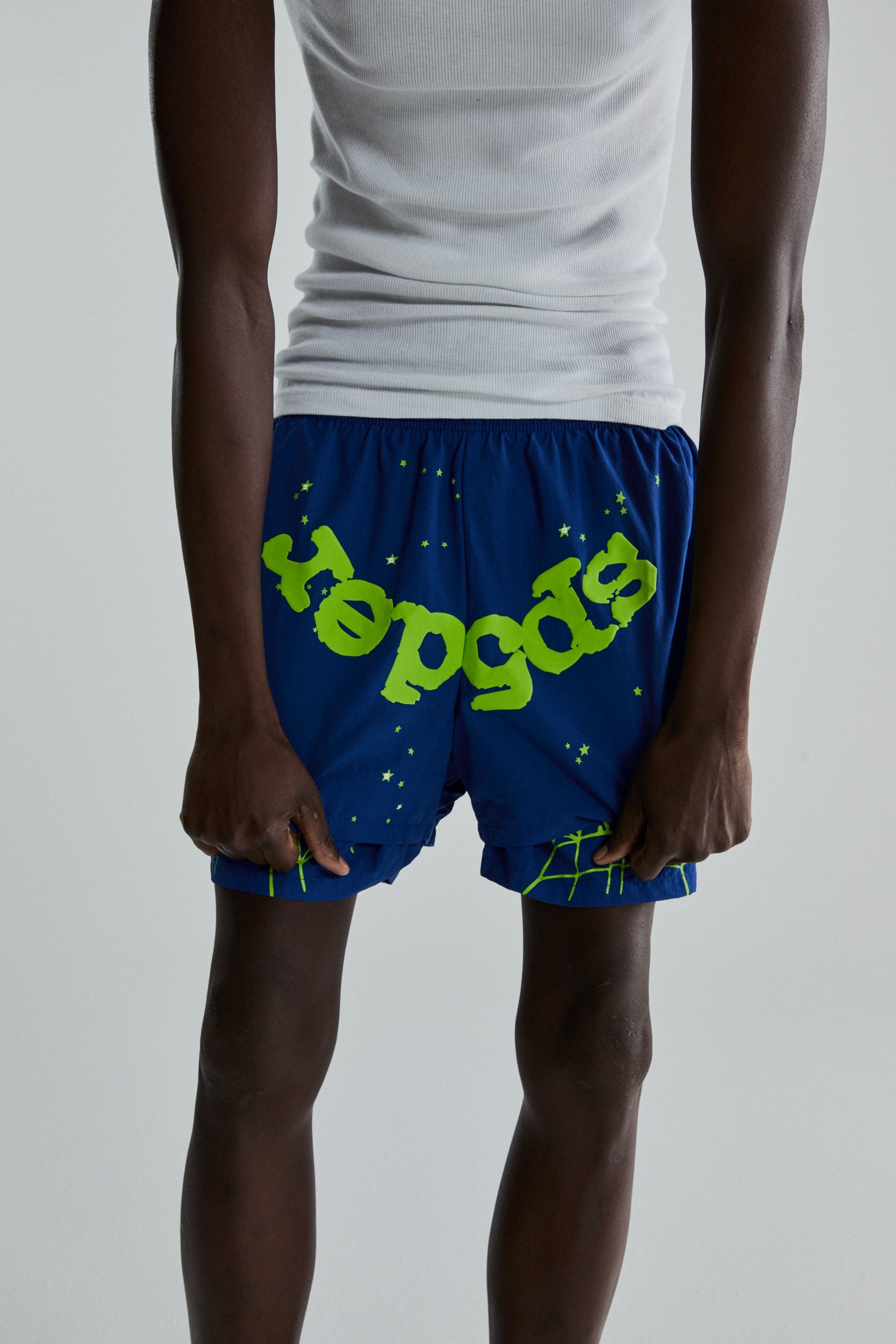 BLUE OG WEB DOUBLE LAYER SHORTS ON MODEL