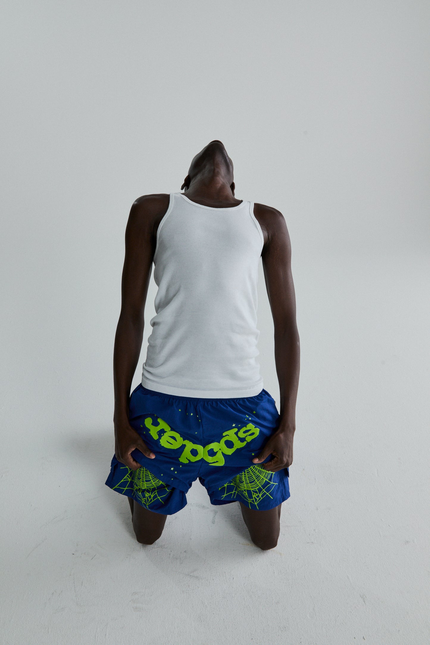 BLUE OG WEB DOUBLE LAYER SHORTS ON MODEL