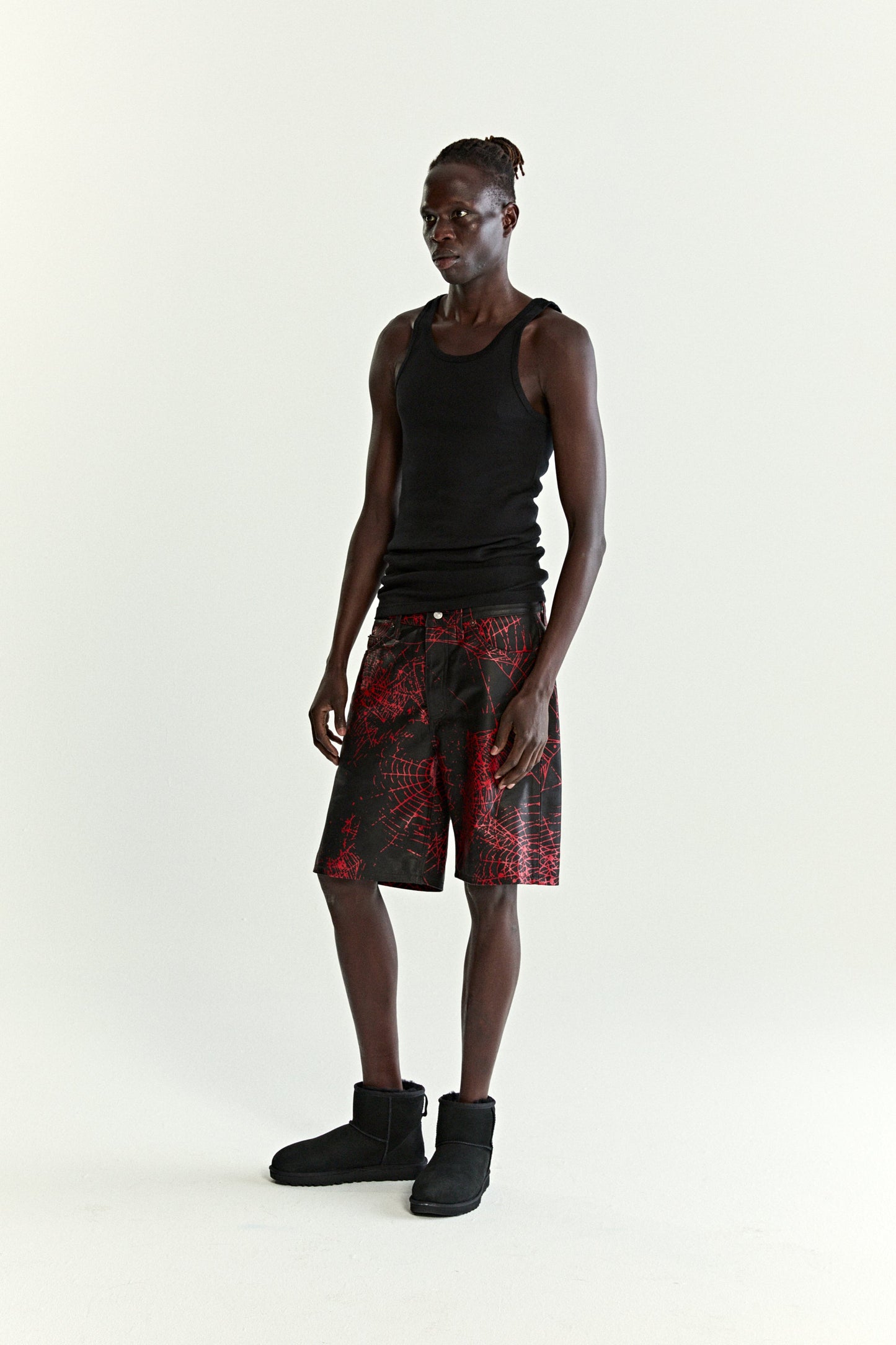 BLACK V2 WEB LEATHER SHORTS ON MODEL