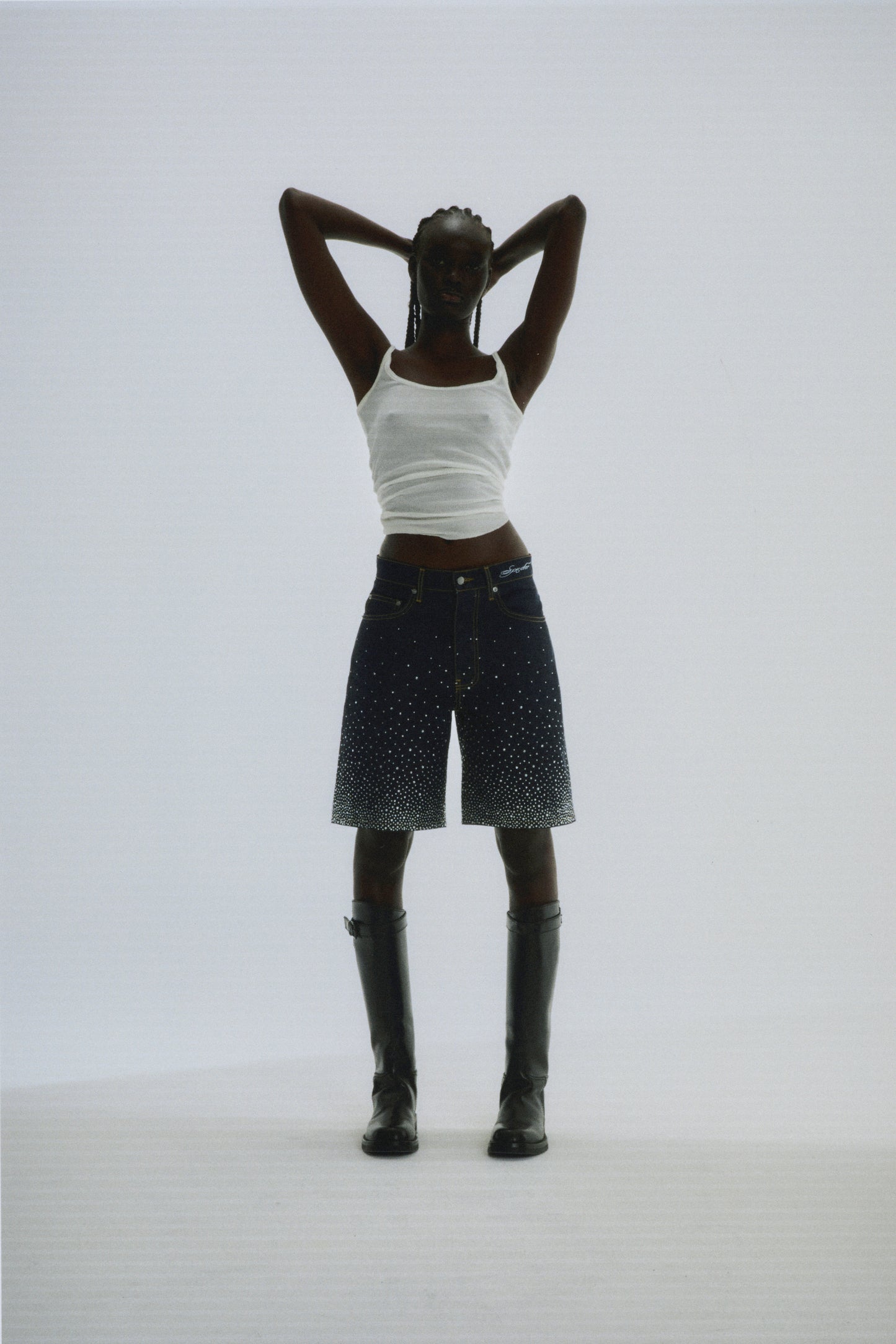 INDIGO STAR DUST DENIM SHORT ON MODEL