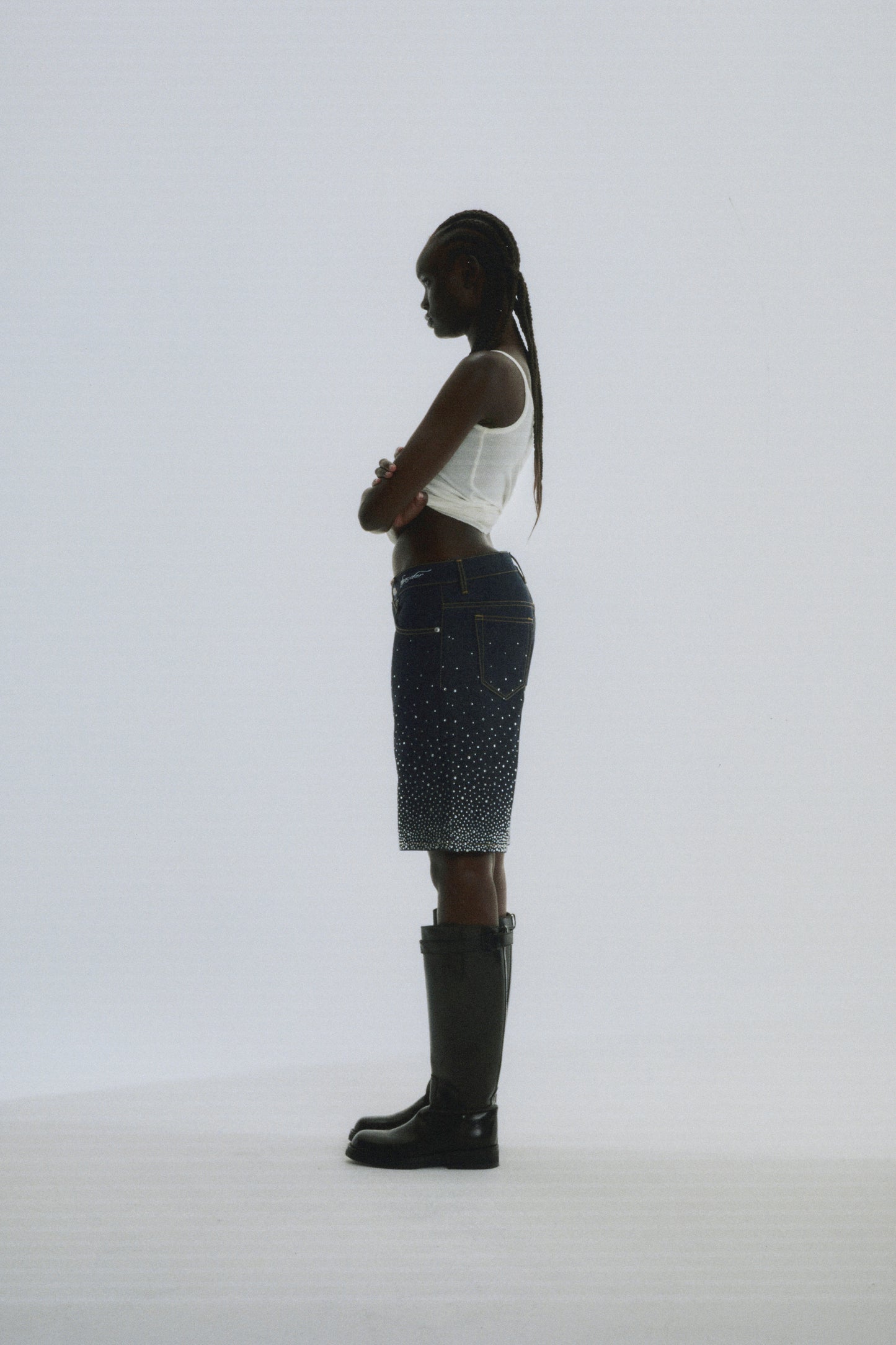 INDIGO STAR DUST DENIM SHORT ON MODEL