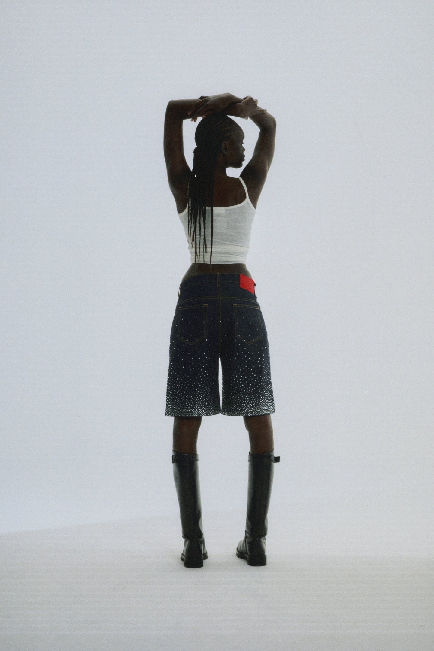INDIGO STAR DUST DENIM SHORT ON MODEL