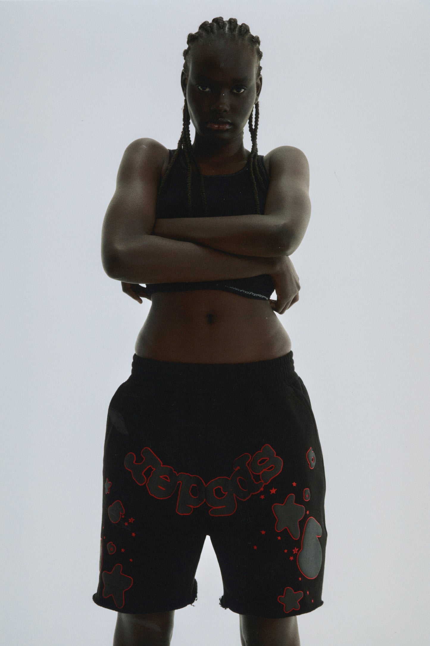 BLACK BELUGA OUTLINE SWEATSHORT ON MODEL