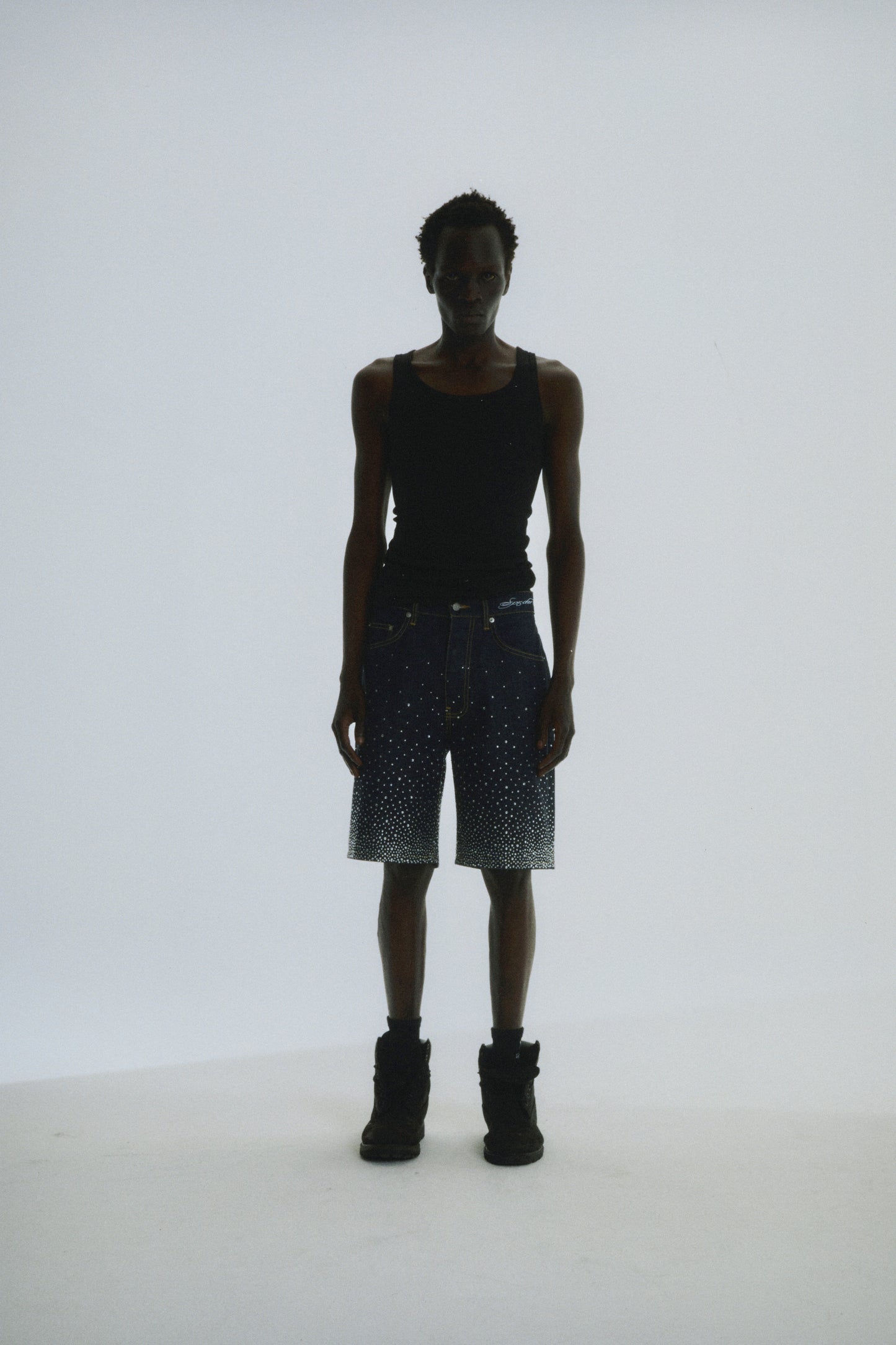INDIGO STAR DUST DENIM SHORT ON MODEL