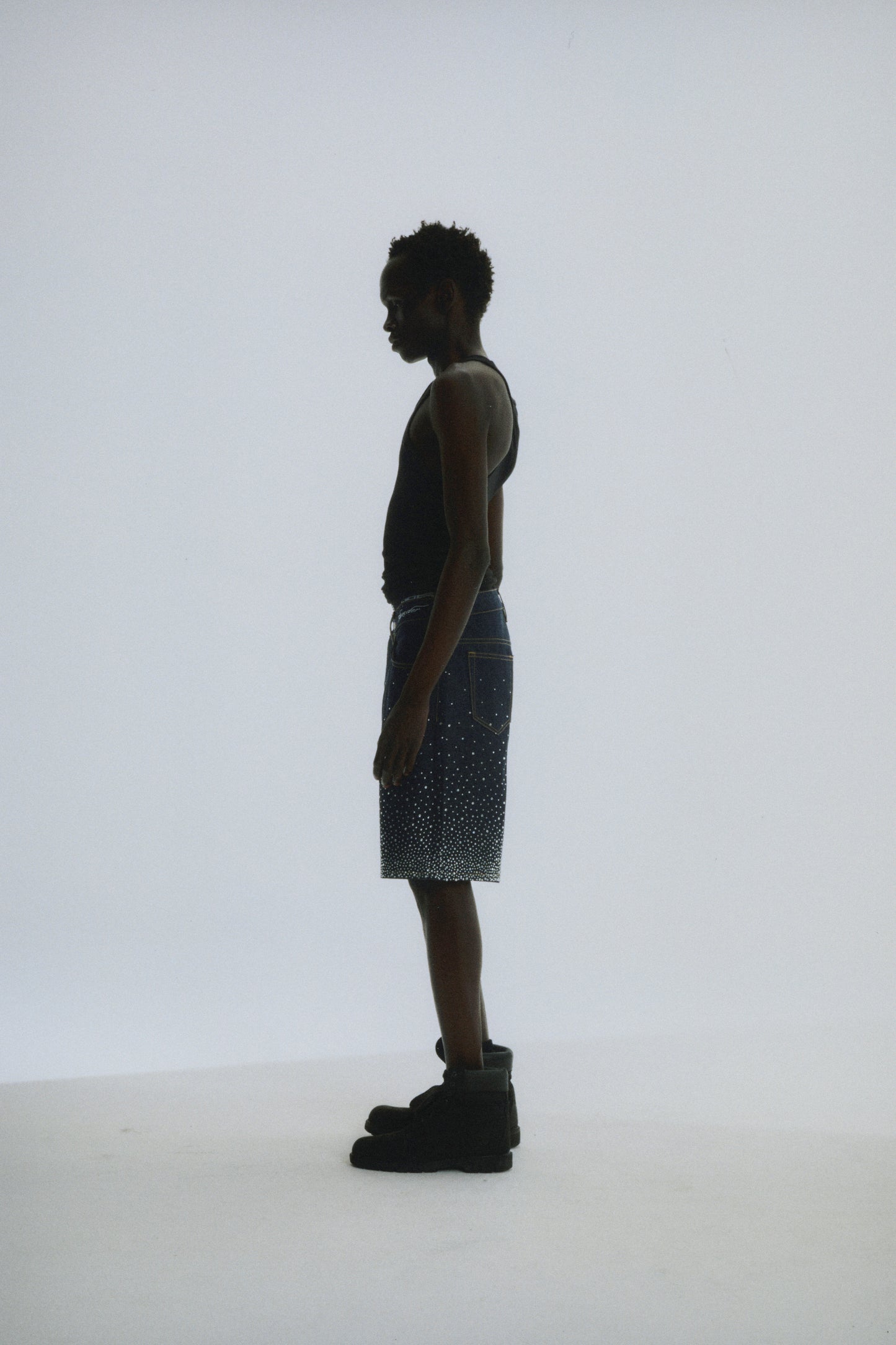 INDIGO STAR DUST DENIM SHORT ON MODEL