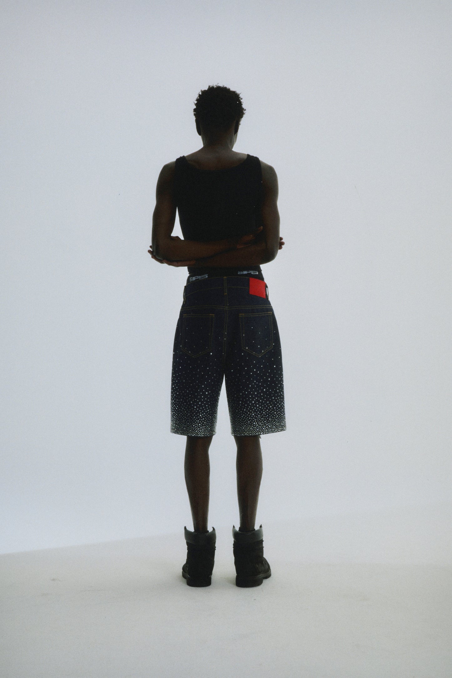 INDIGO STAR DUST DENIM SHORT ON MODEL