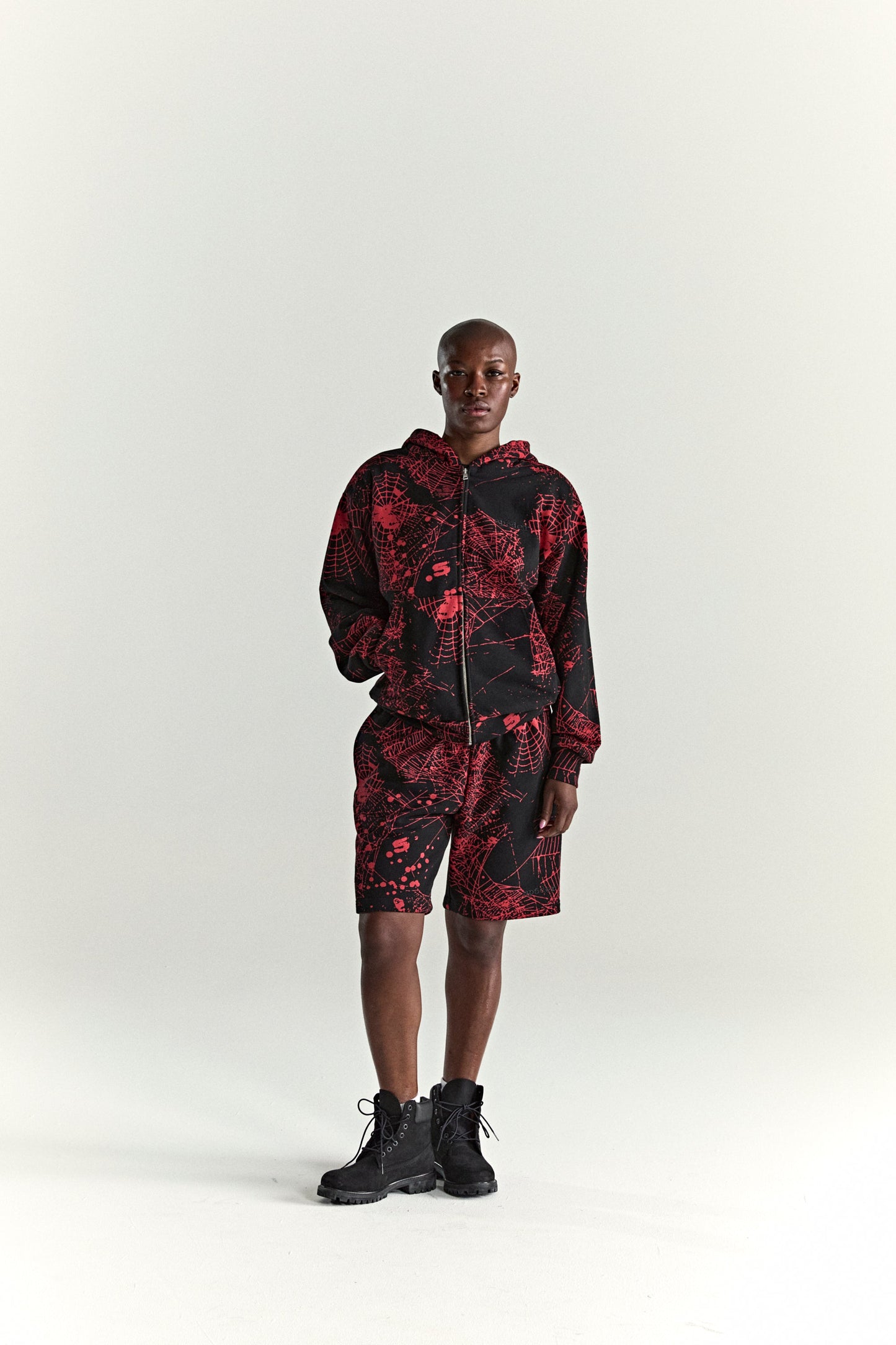 BLACK AOP WEB ZIP UP V2 HOODIE ON MODEL