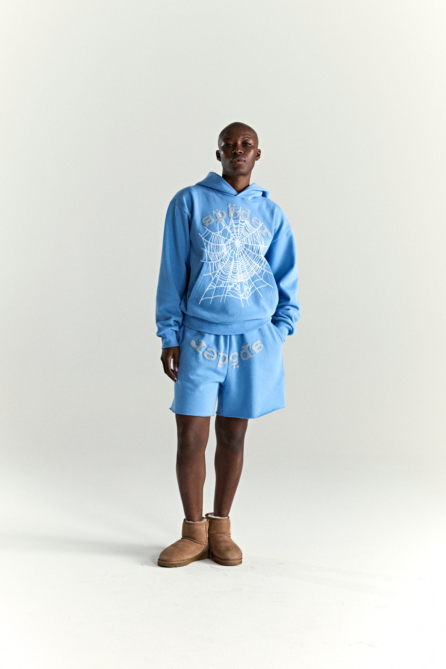 DUSTY BLUE OG WEB V2 HOODIE ON MODEL