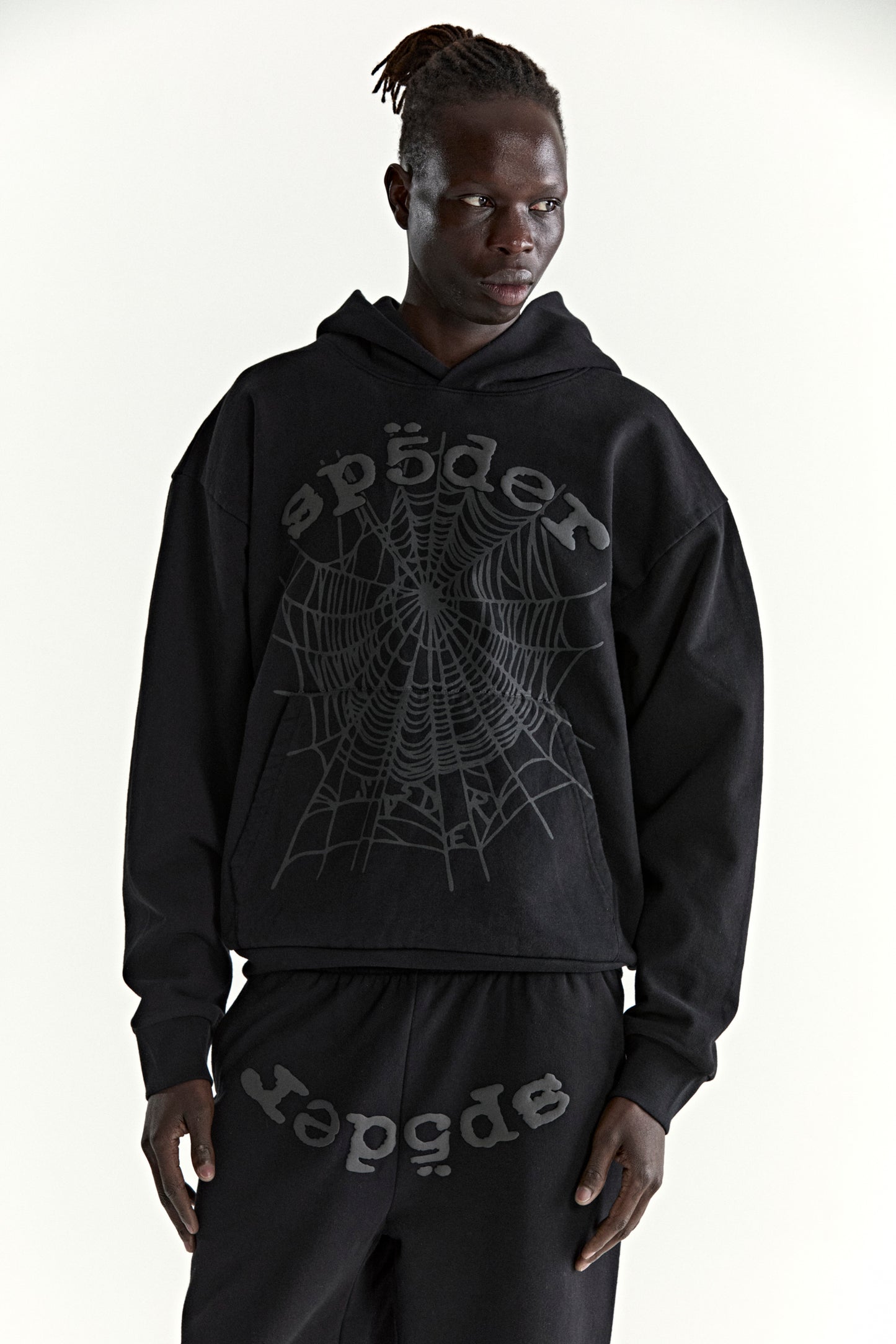 BLACK PHANTOM WEB HOODIE ON MODEL