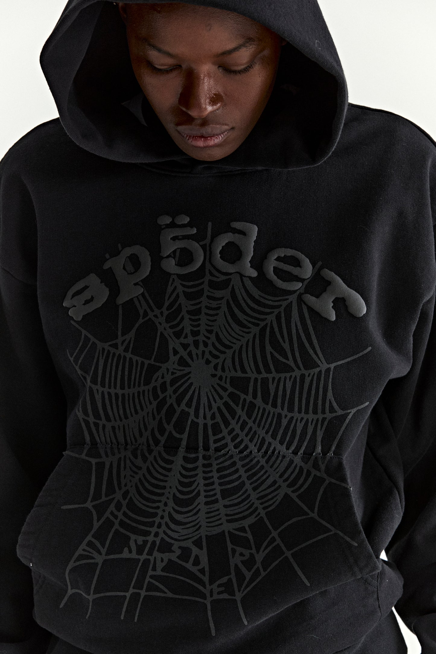 BLACK PHANTOM WEB HOODIE ON MODEL
