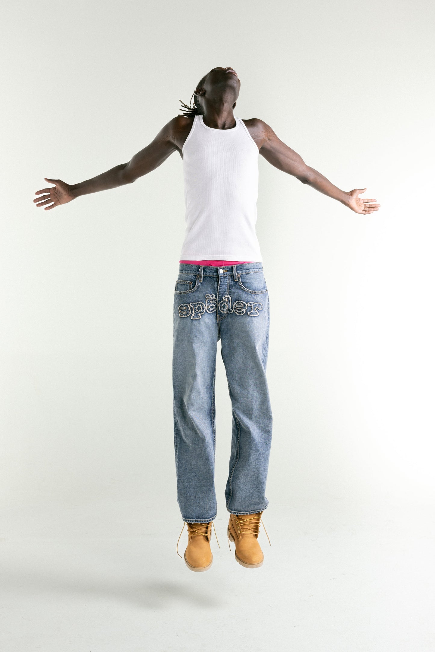 LIGHT BLUE WASH DENIM WORK PANT ON MODEL