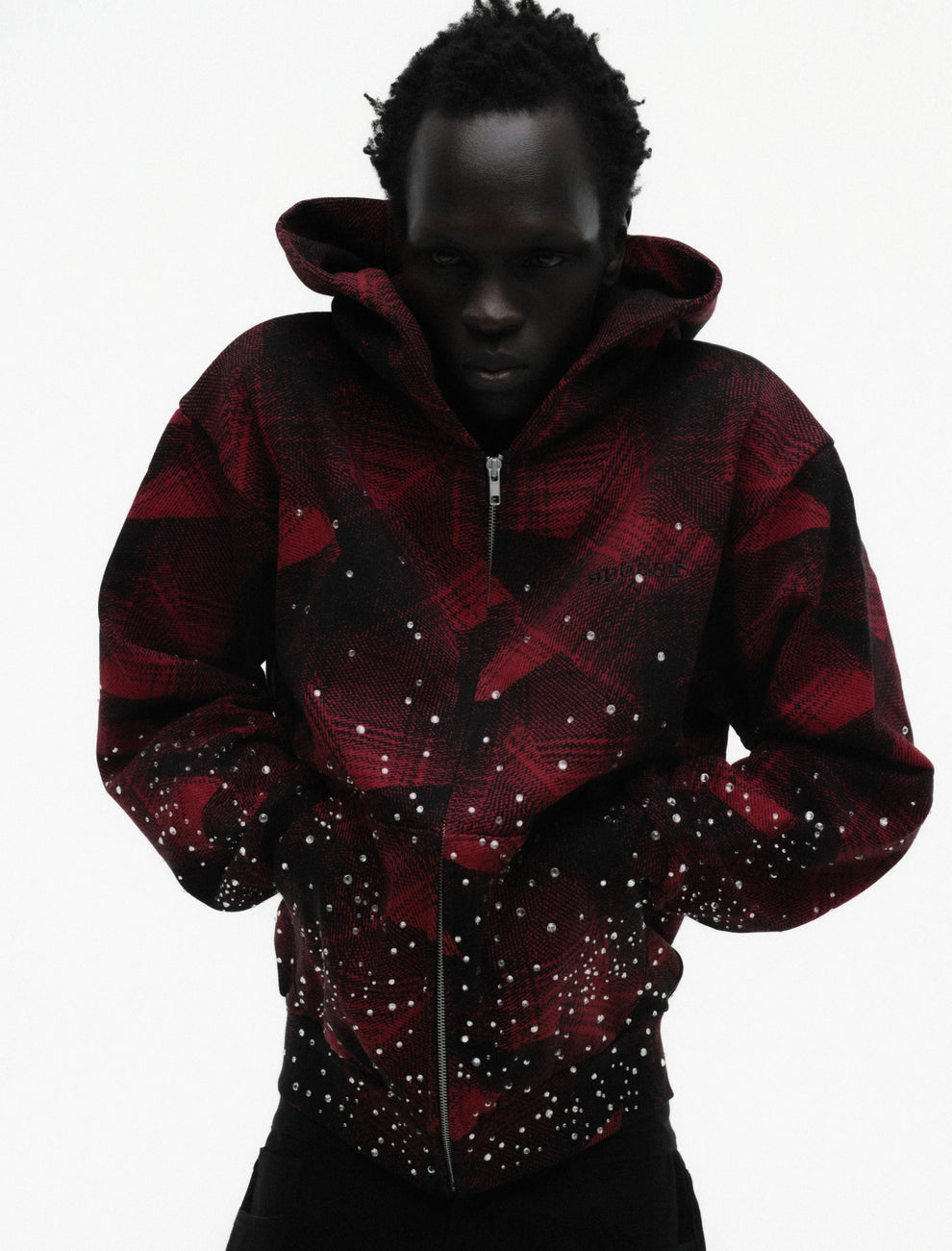 BLACK STAR PLAID FULL ZIP HOODIE ON MODEL