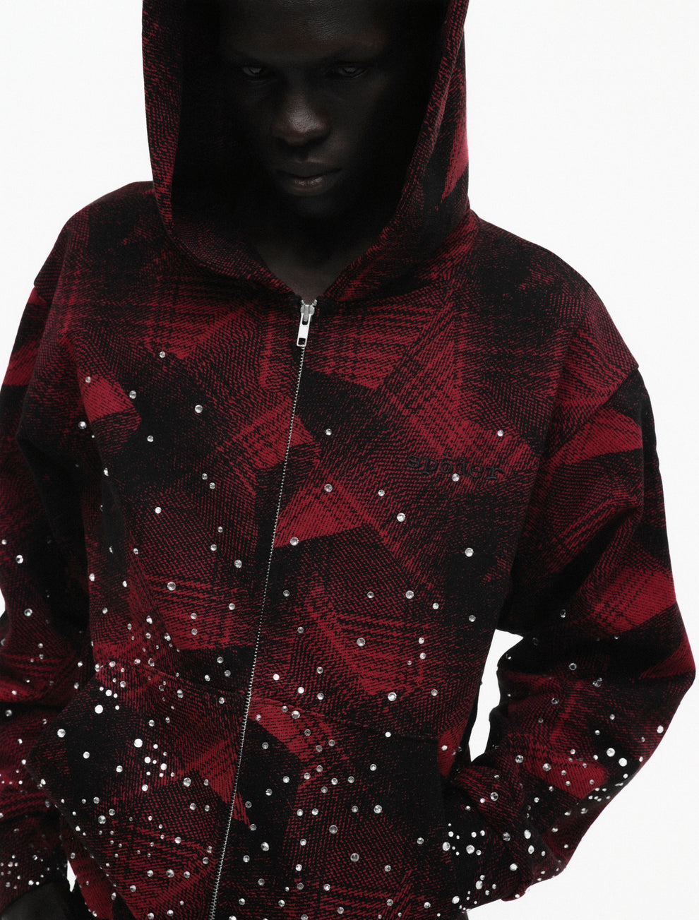 BLACK STAR PLAID FULL ZIP HOODIE ON MODEL