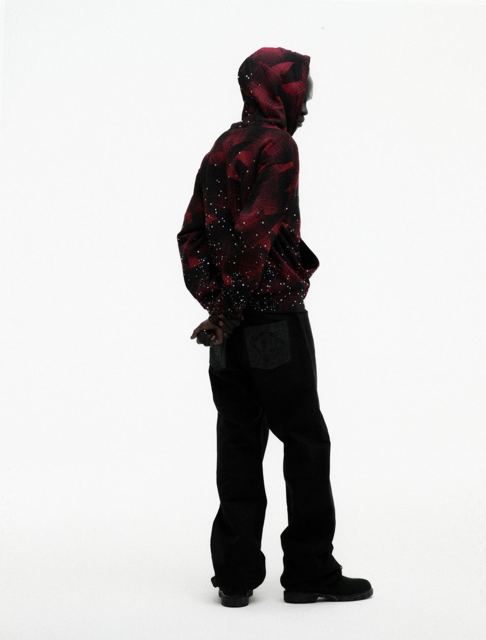 BLACK STAR PLAID FULL ZIP HOODIE ON MODEL