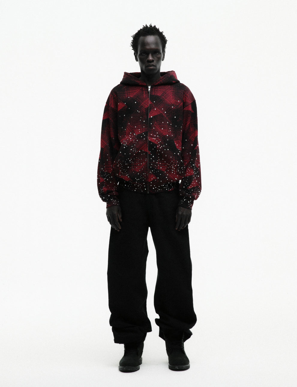 BLACK STAR PLAID FULL ZIP HOODIE ON MODEL