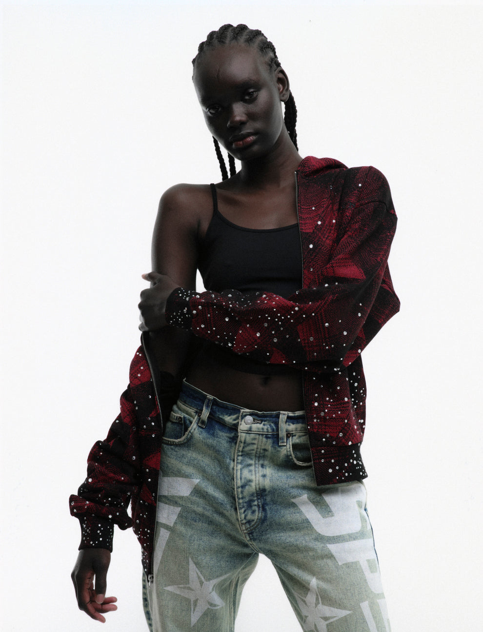 BLACK STAR PLAID FULL ZIP HOODIE ON MODEL