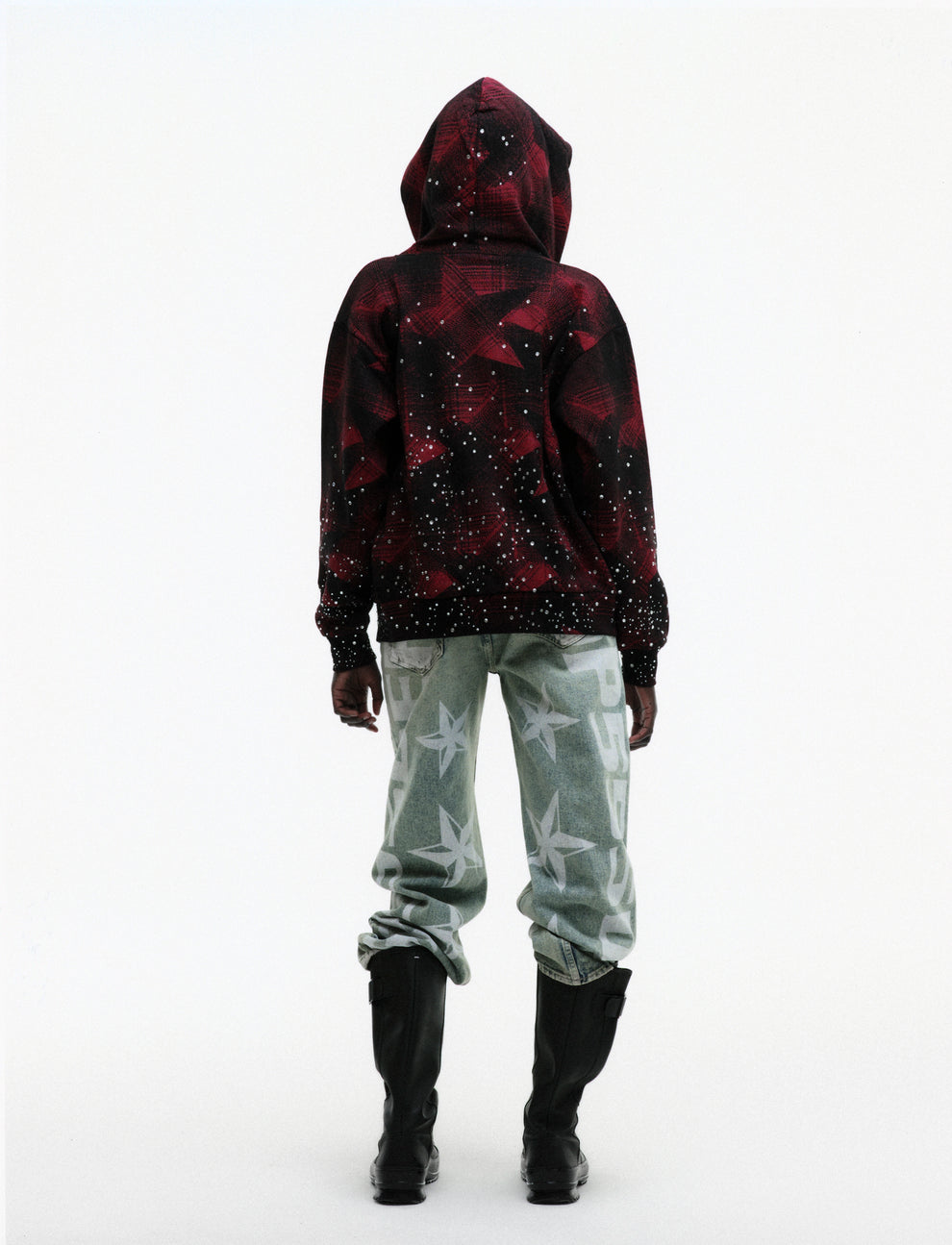 BLACK STAR PLAID FULL ZIP HOODIE ON MODEL