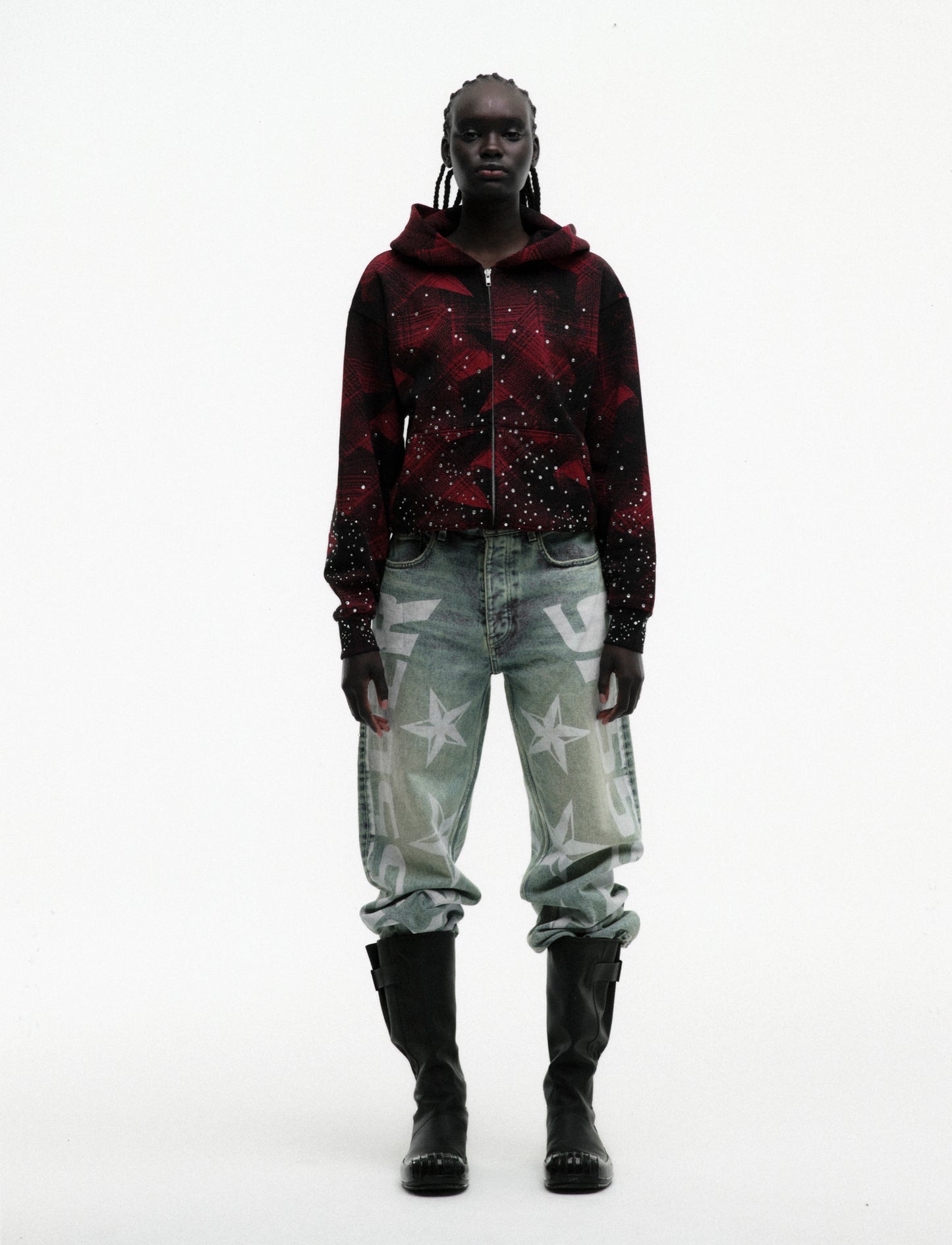 BLACK STAR PLAID FULL ZIP HOODIE ON MODEL