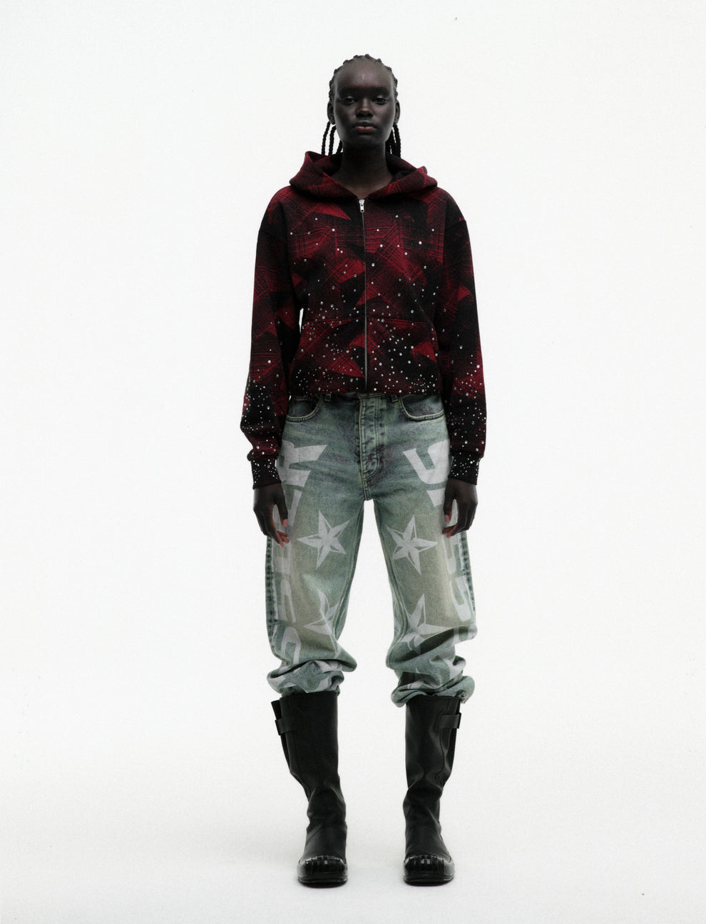 BLACK STAR PLAID FULL ZIP HOODIE ON MODEL