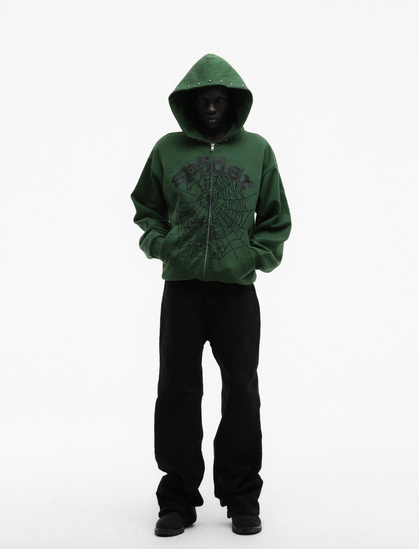 GREEN OG WEB STUDDED ZIP HOODIE ON MODEL