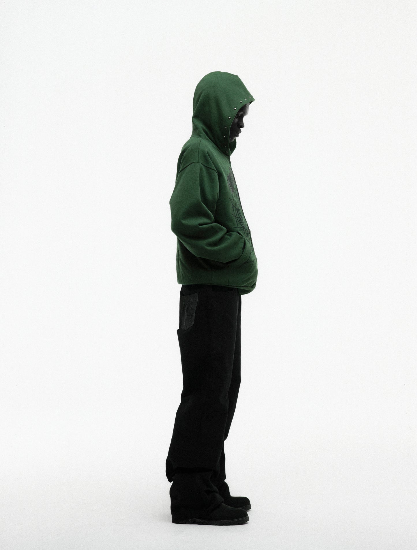 GREEN OG WEB STUDDED ZIP HOODIE ON MODEL
