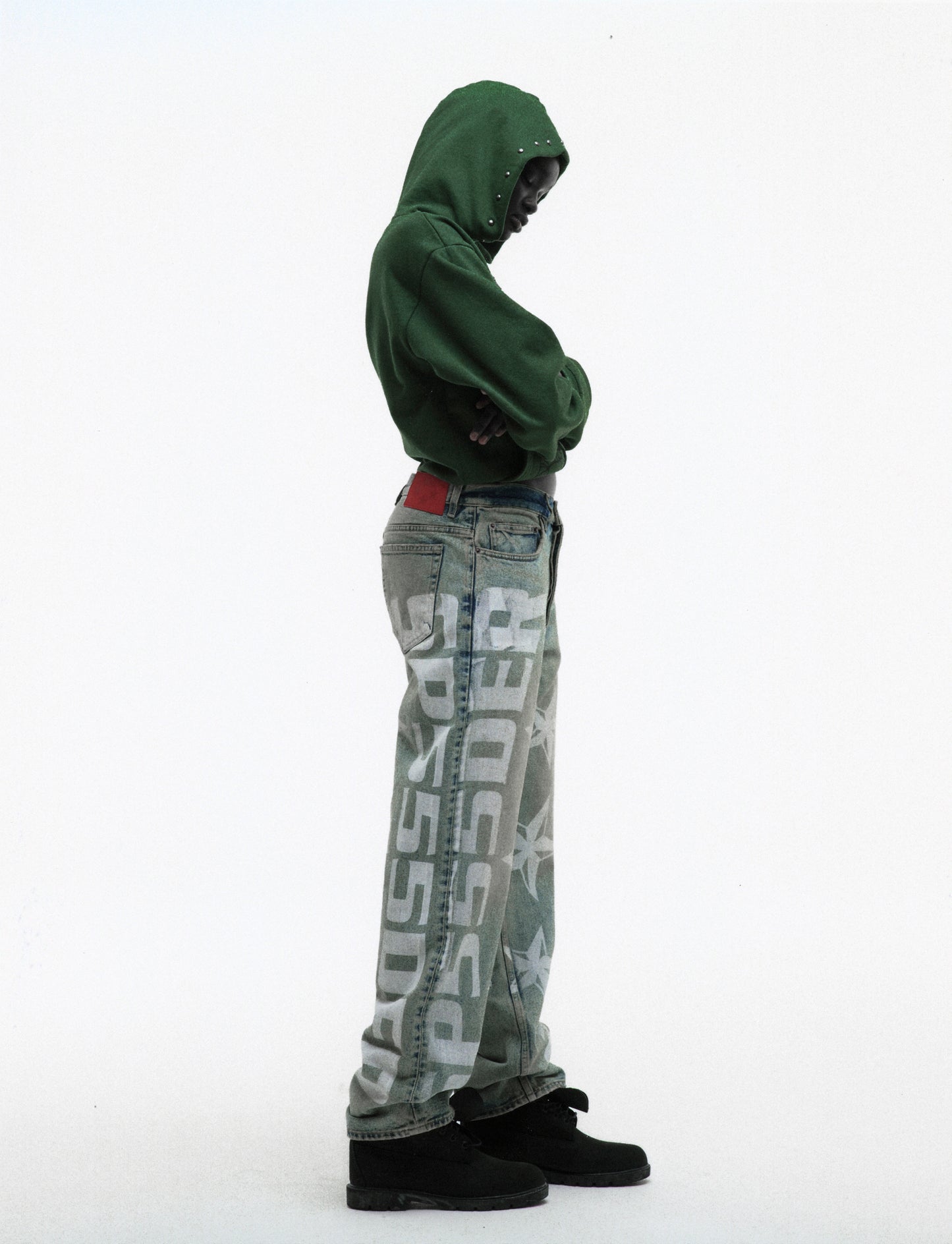 GREEN OG WEB STUDDED ZIP HOODIE ON MODEL