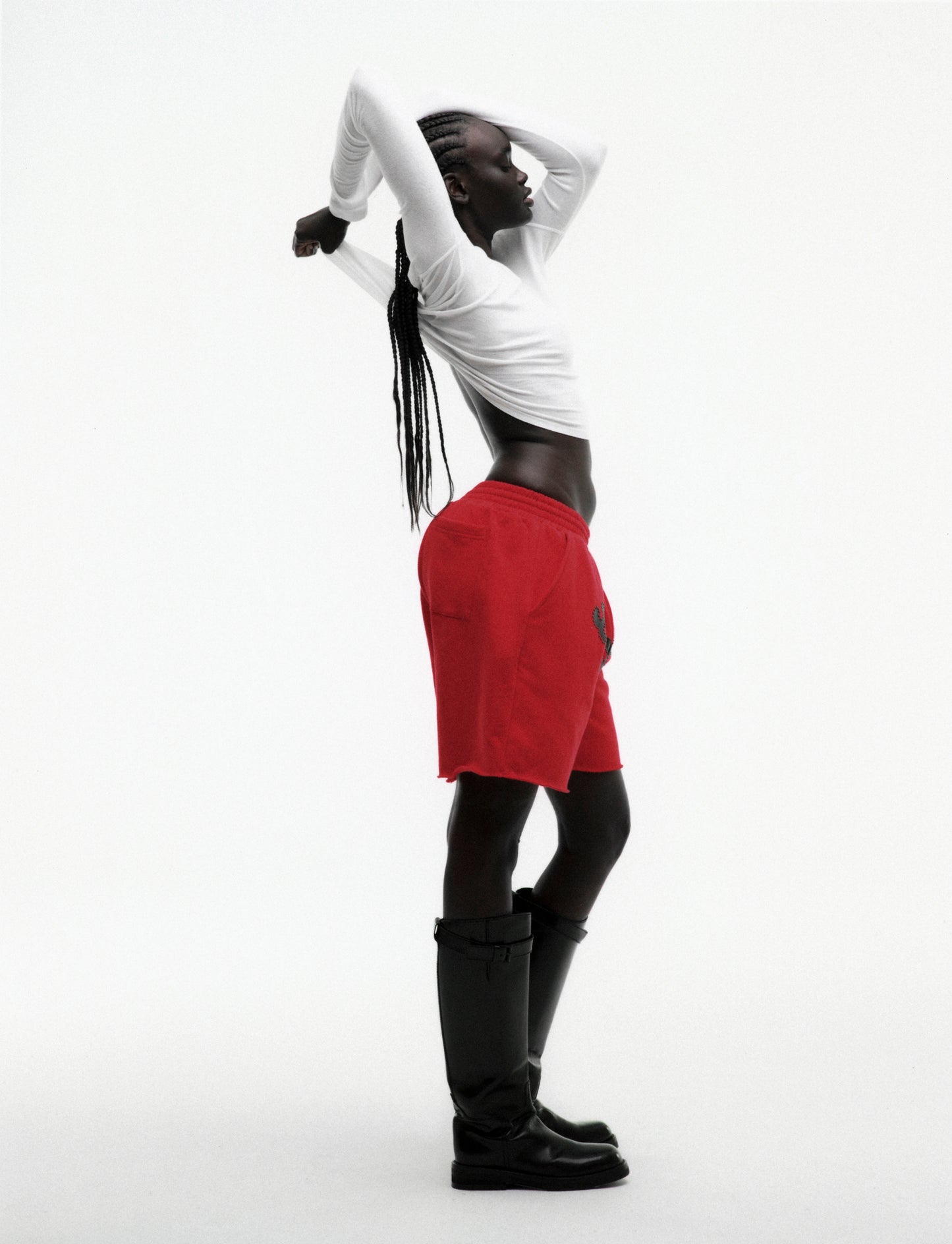 RED OG STUDDED SWEATSHORT ON MODEL