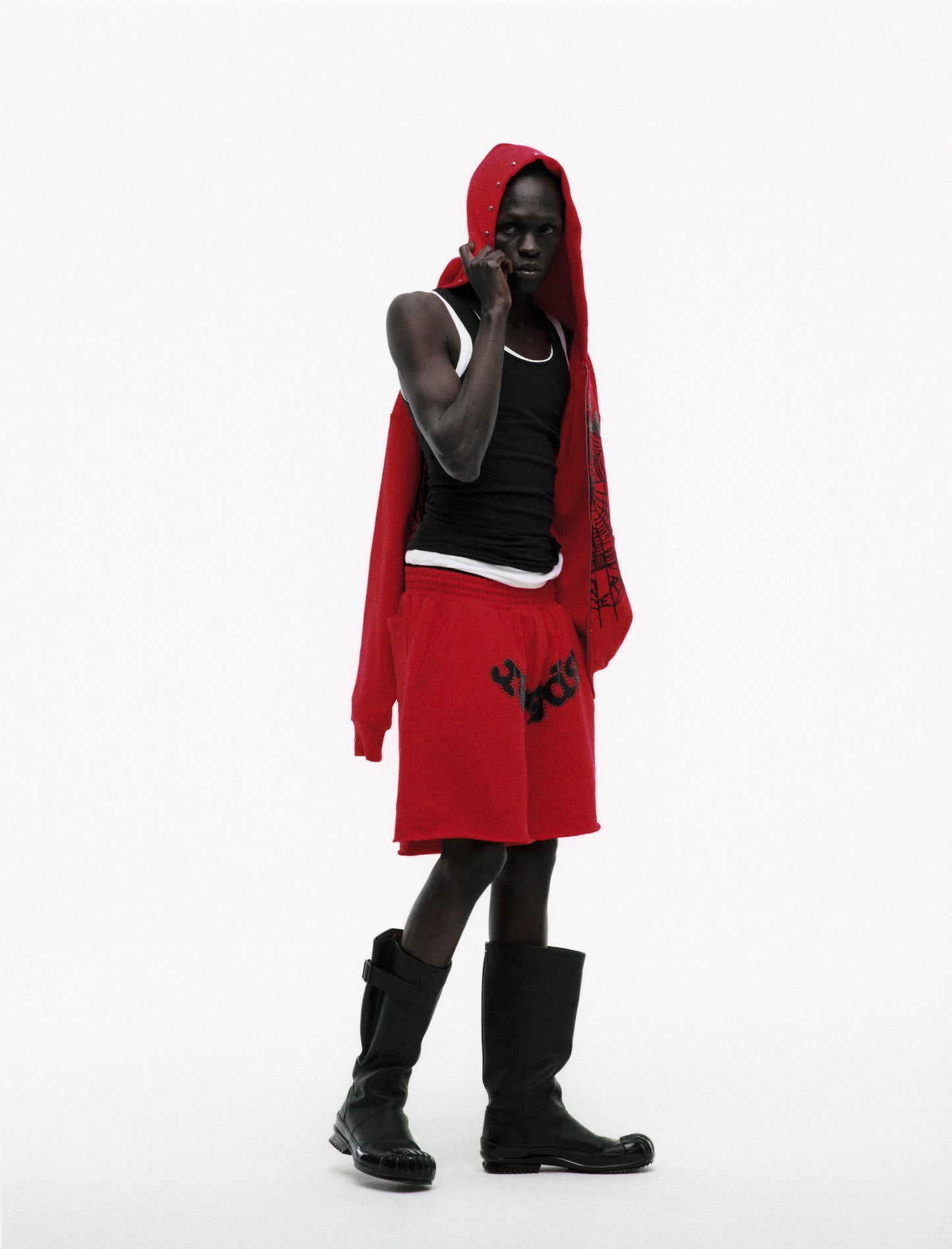 RED OG STUDDED SWEATSHORT ON MODEL