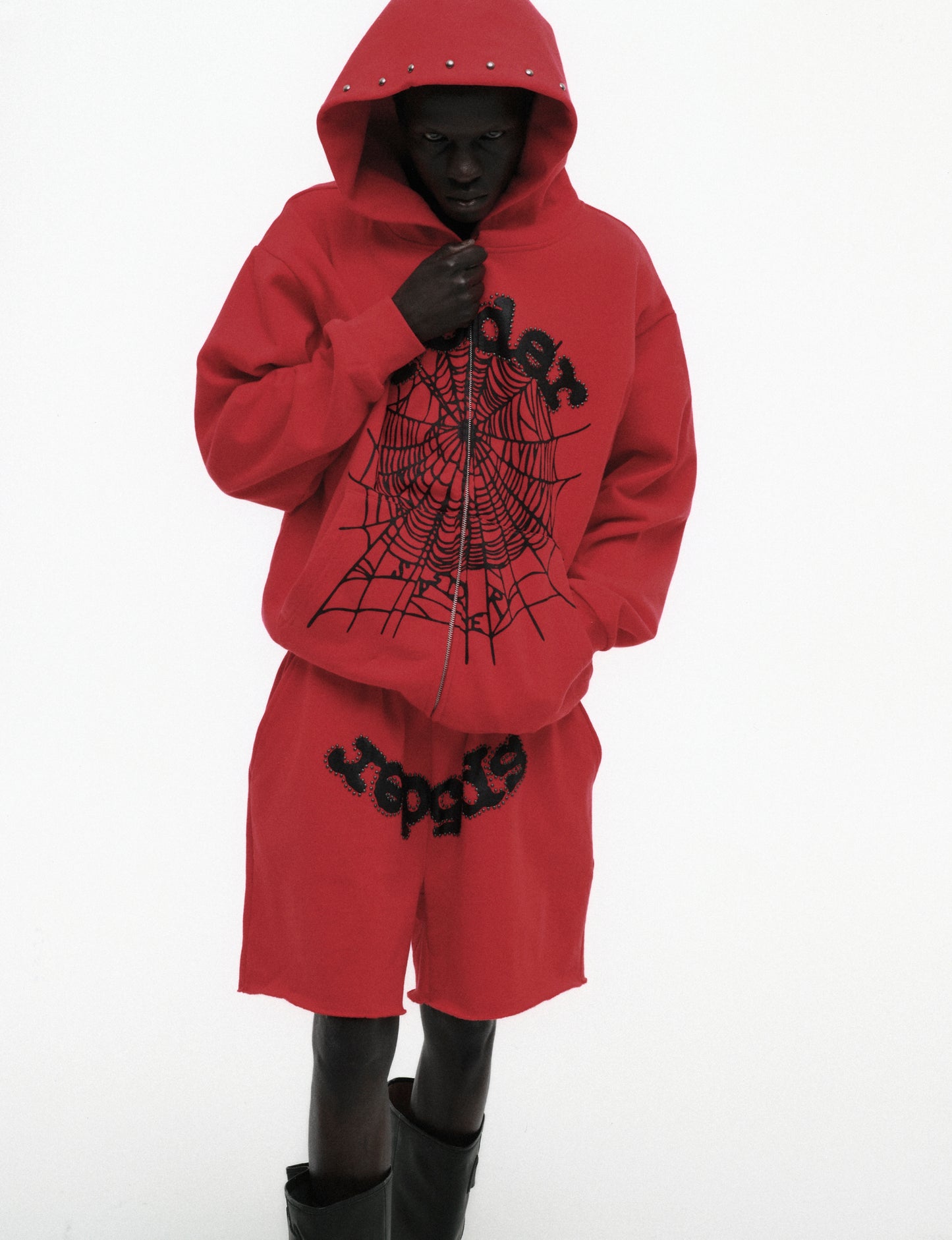 RED OG WEB STUDDED ZIP HOODIE ON MODEL