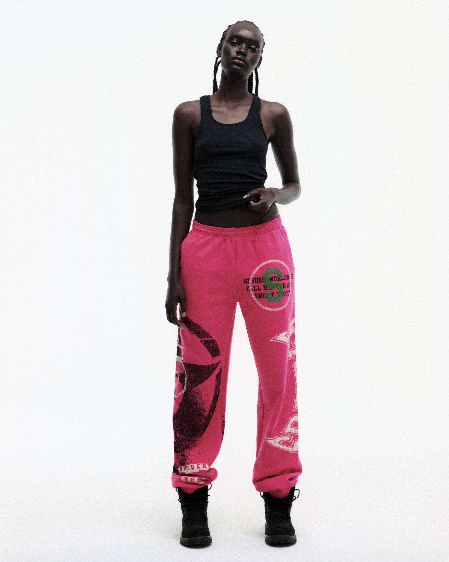 PINK STENCIL SWEATPANT ON MODEL