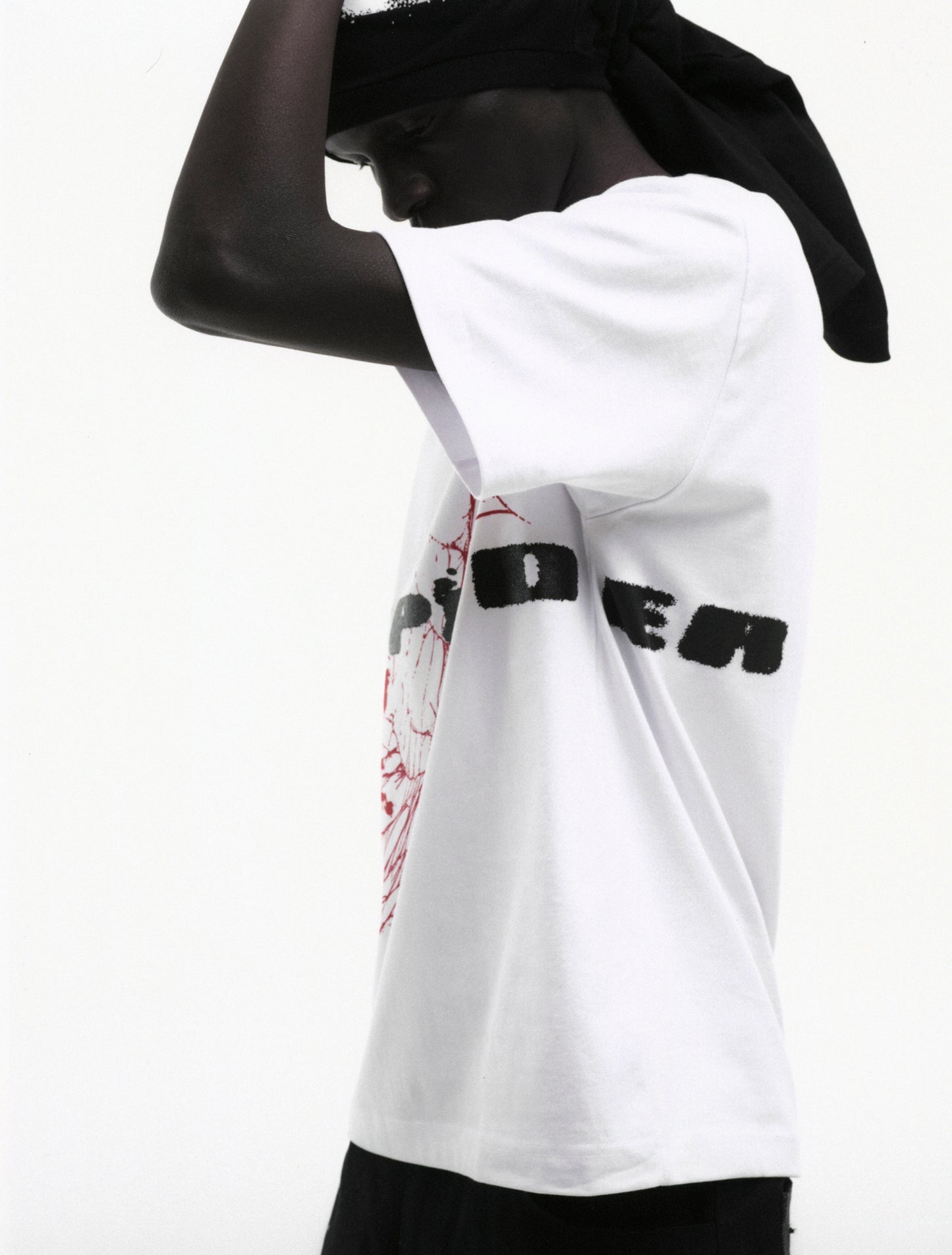 WHITE SPINNER TEE ON MODEL
