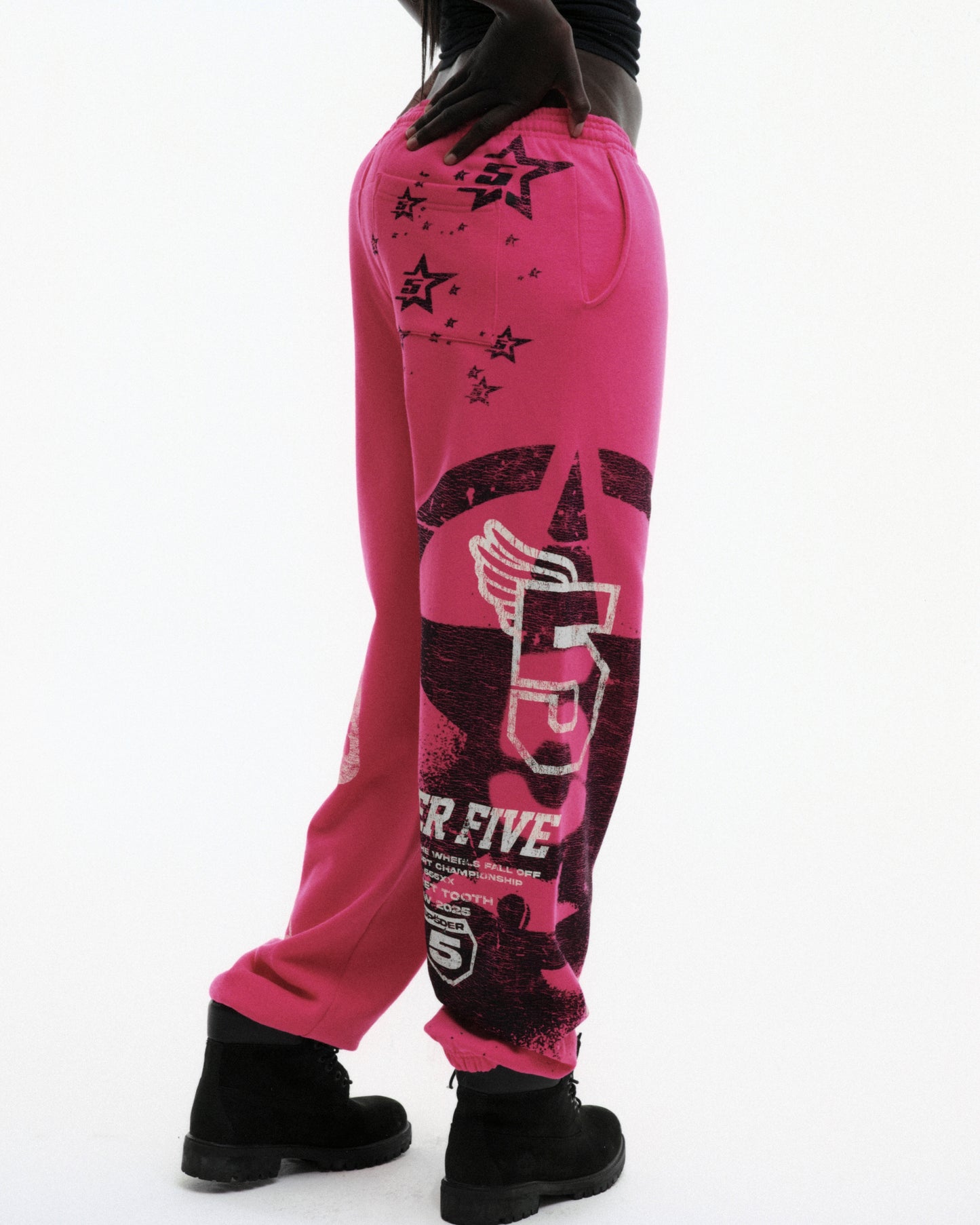 PINK STENCIL SWEATPANT ON MODEL