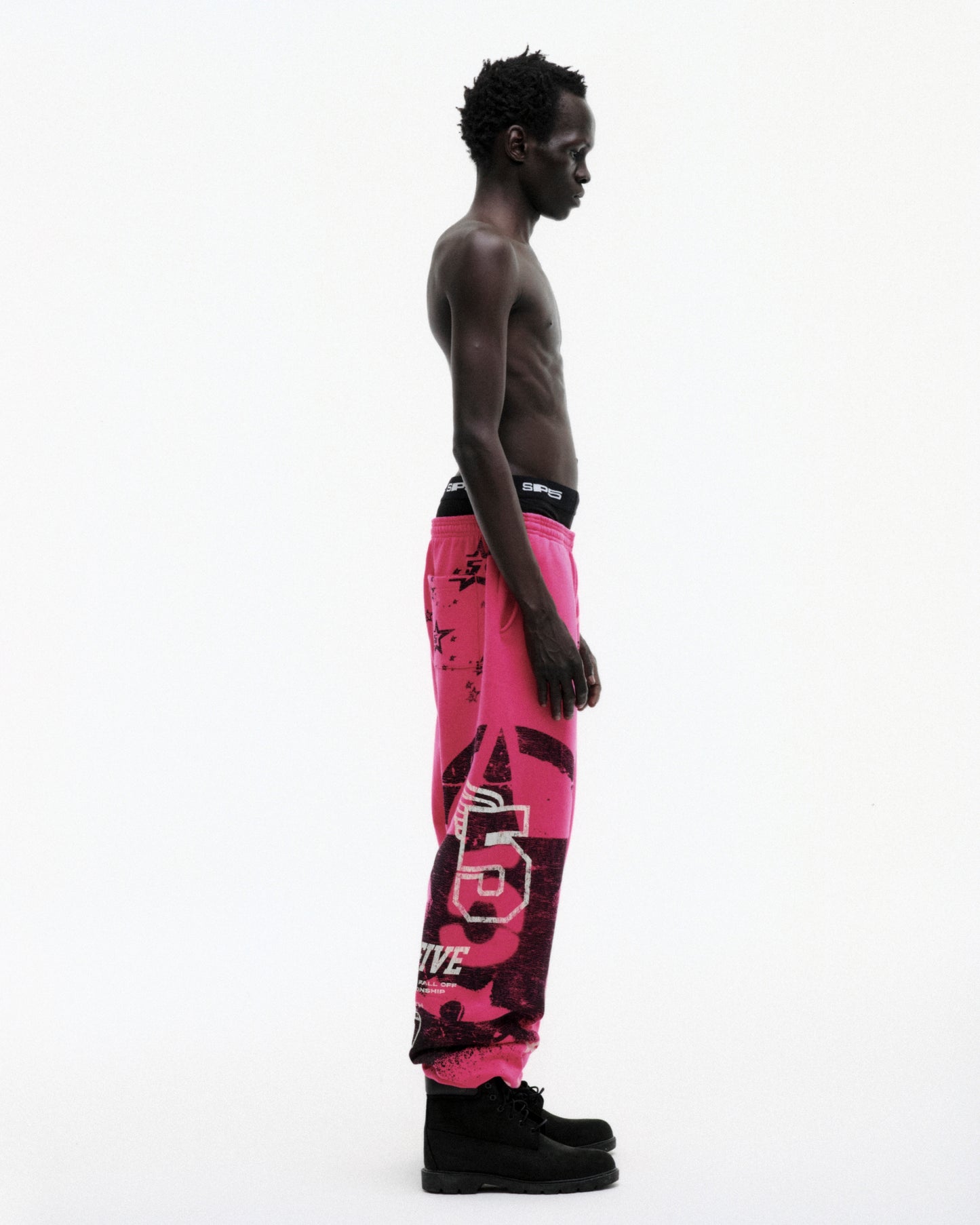 PINK STENCIL SWEATPANT ON MODEL