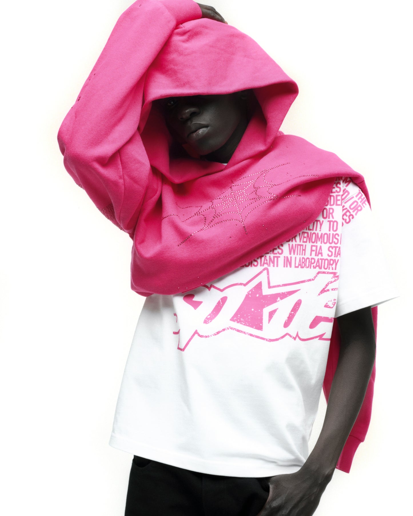 DISCLAIMER TEE ON MODEL