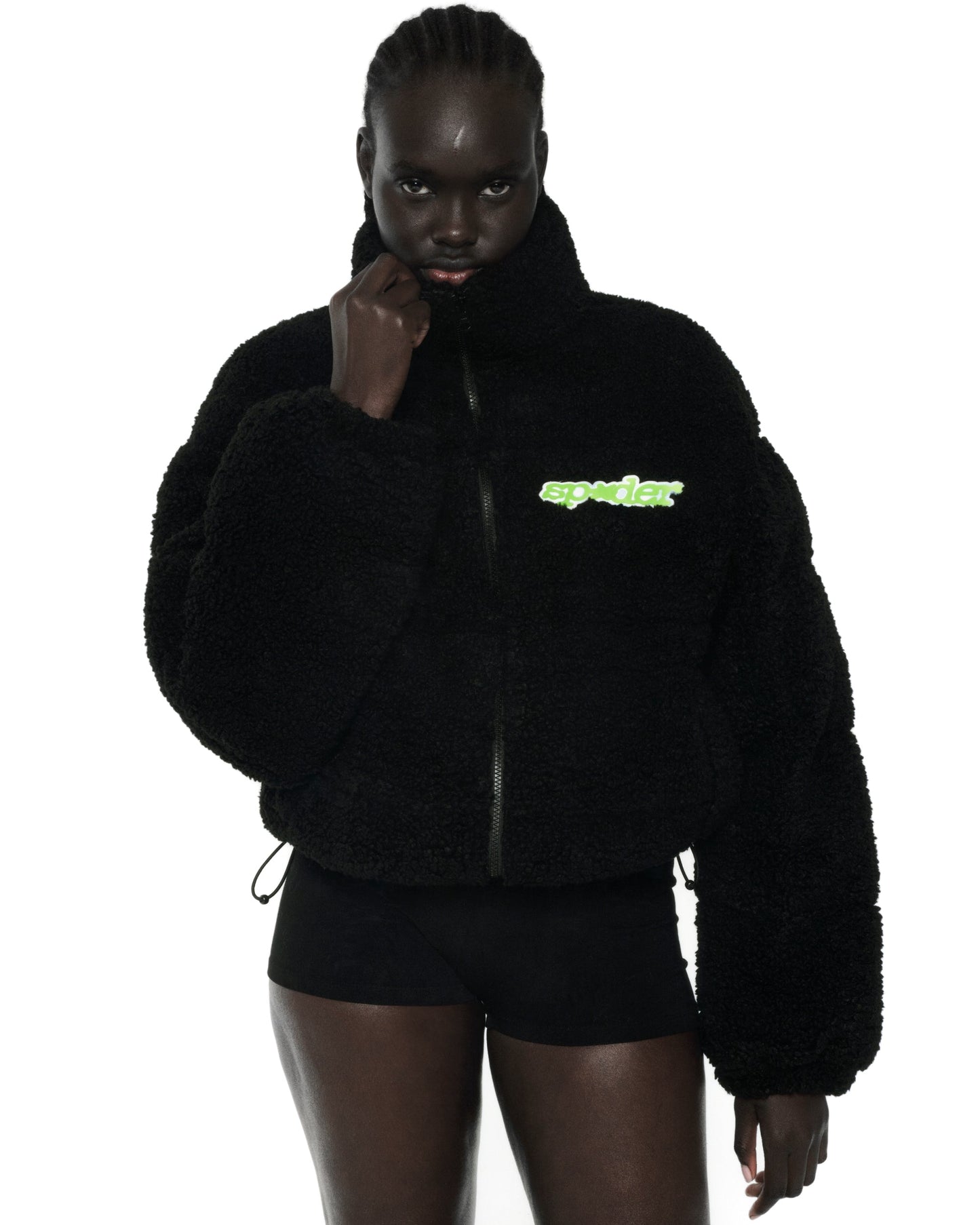 BLACK SHERPA PUFFER JACKET ON MODEL